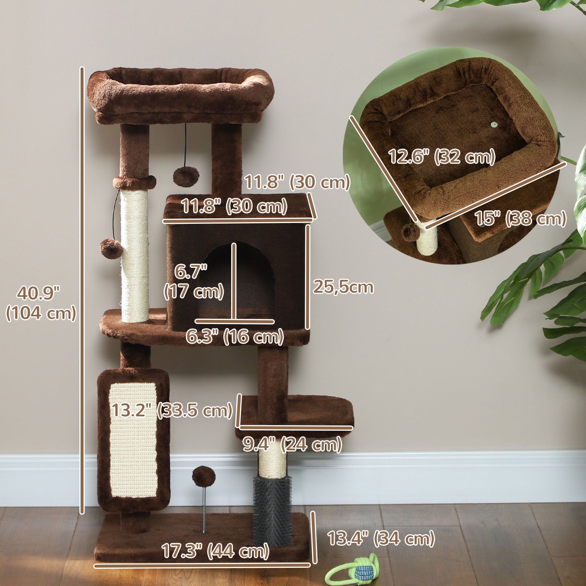 41 Inch Cat Tree with Scratching Posts, Cat Bed, Condo, Grooming Brush, Jumping Platforms, Toy Balls, Anti-tip Kit