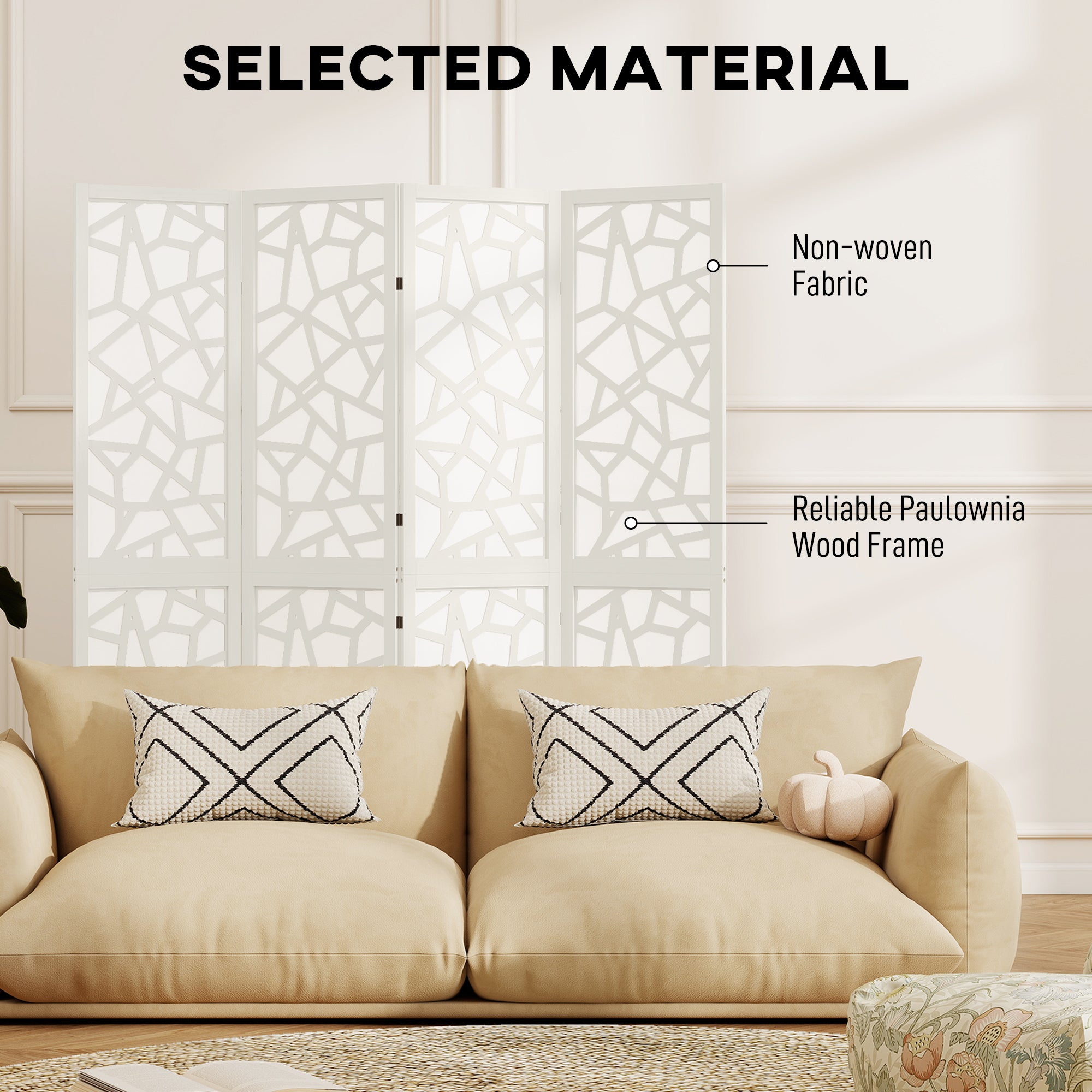 4 Panel Room Divider, 5.6 FT Lightweight Folding Privacy Screen with Geometric Pattern for Living Room, Bedroom, White