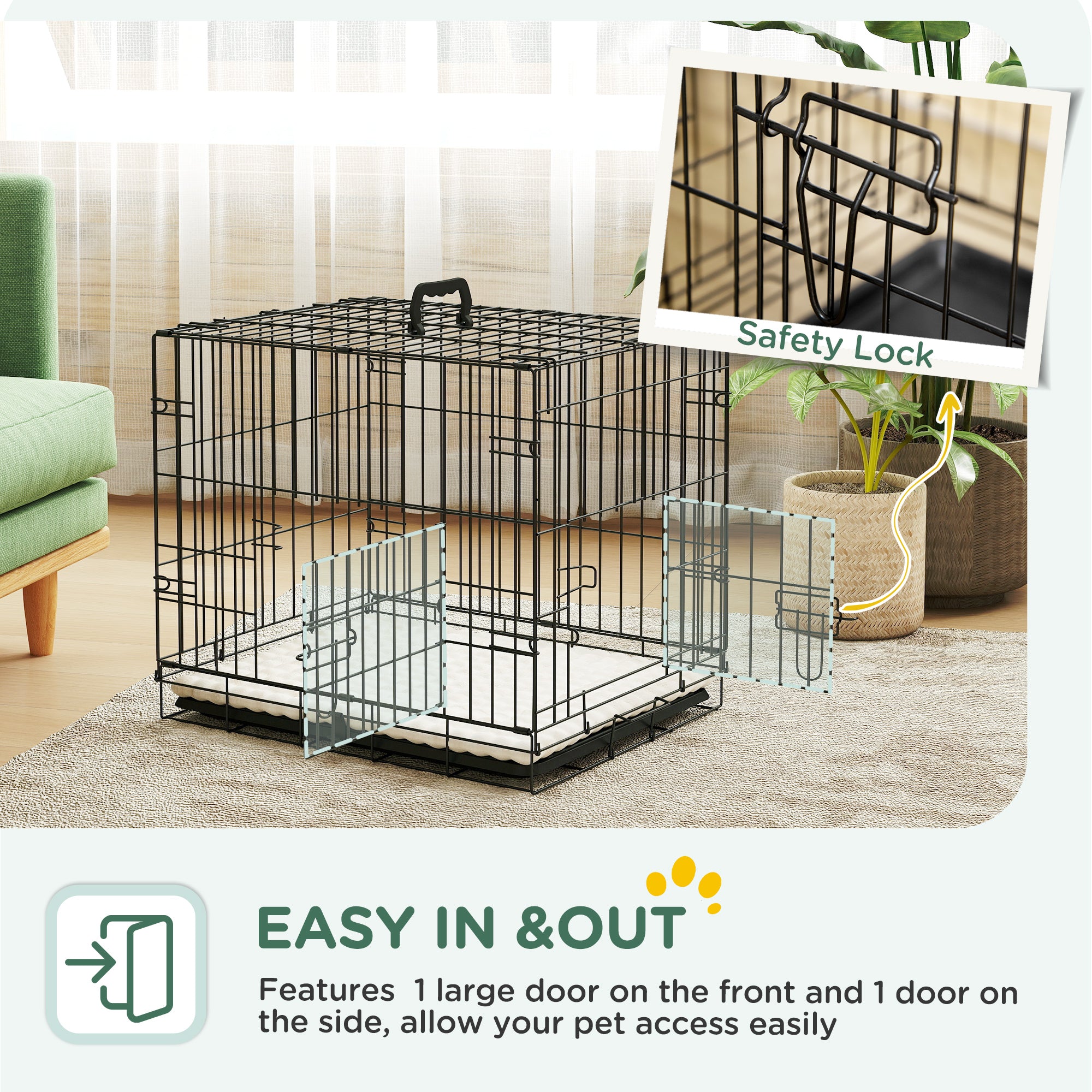 24" Dog Crate with 2 Doors, Folding Metal Dog Cage with Soft Cushion, Removable Tray, Handle for Extra Small Dogs, Black