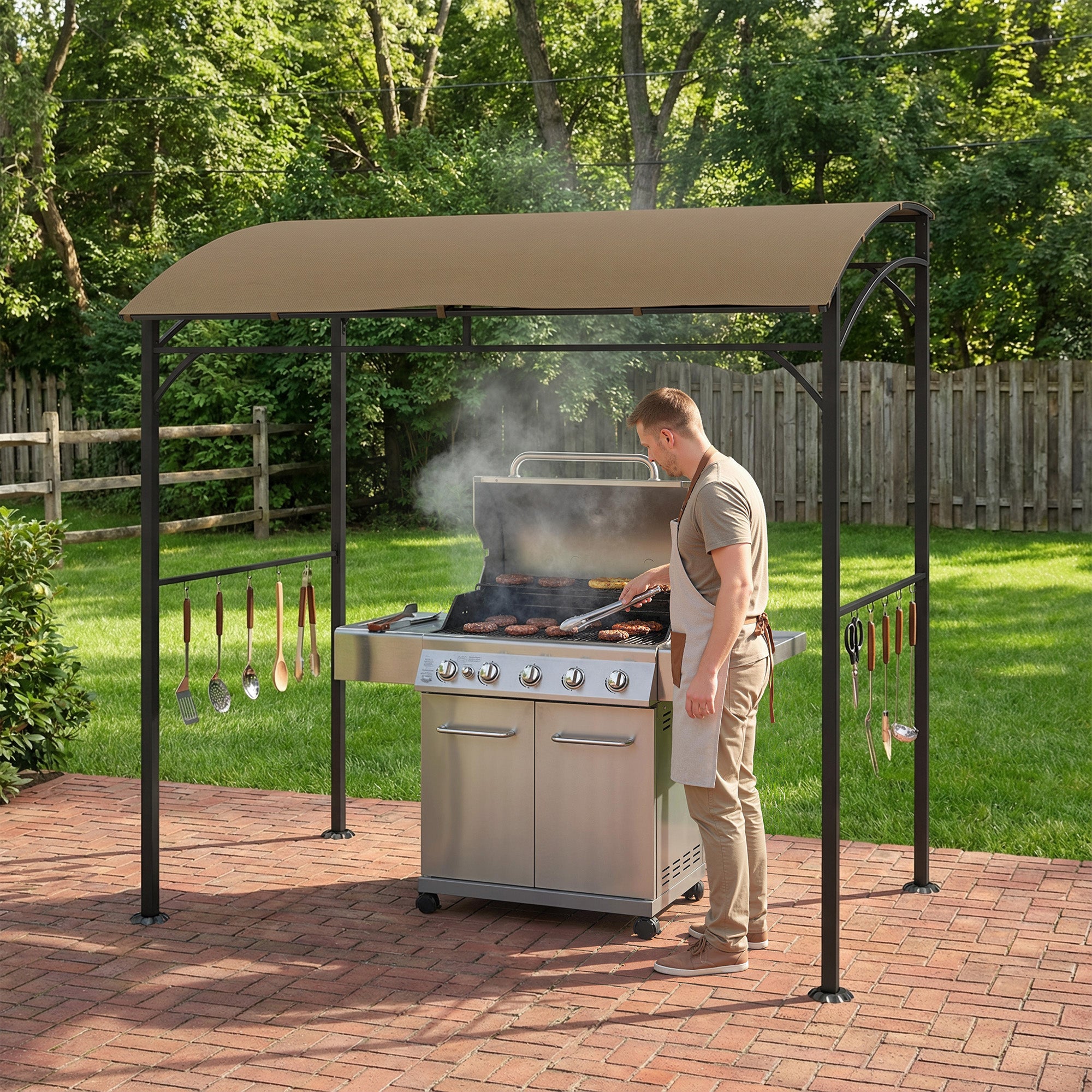 7' x 5' BBQ Grill Gazebo - Dark Coffee Steel Frame Canopy