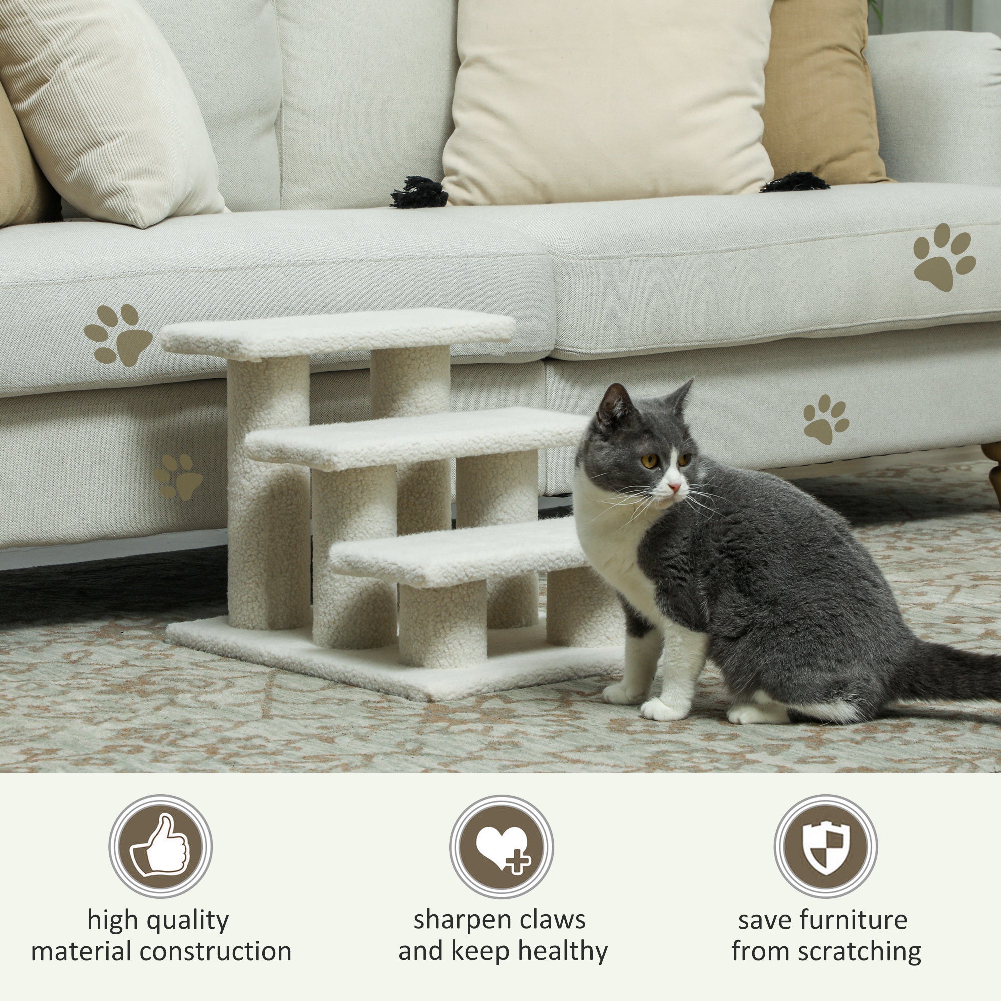 Escalier pour animaux à 3 marches de 18", poteau à griffer et meuble pour chien et chat, beige