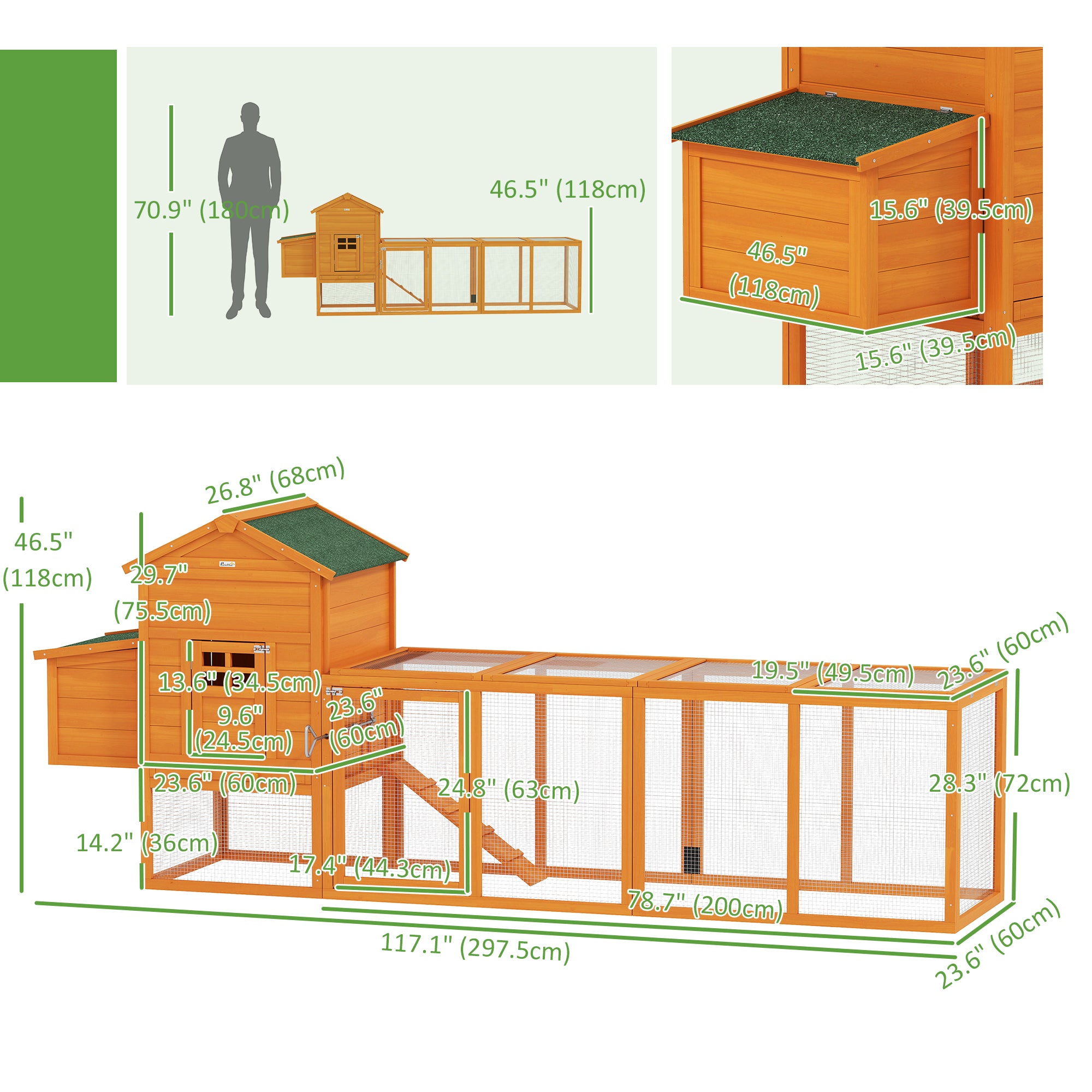 117" Extra Large Chicken Coop with Asphalt Roof, Wooden Hen House with Slide-out Tray, Quail Hutch with Nesting Box, Orange
