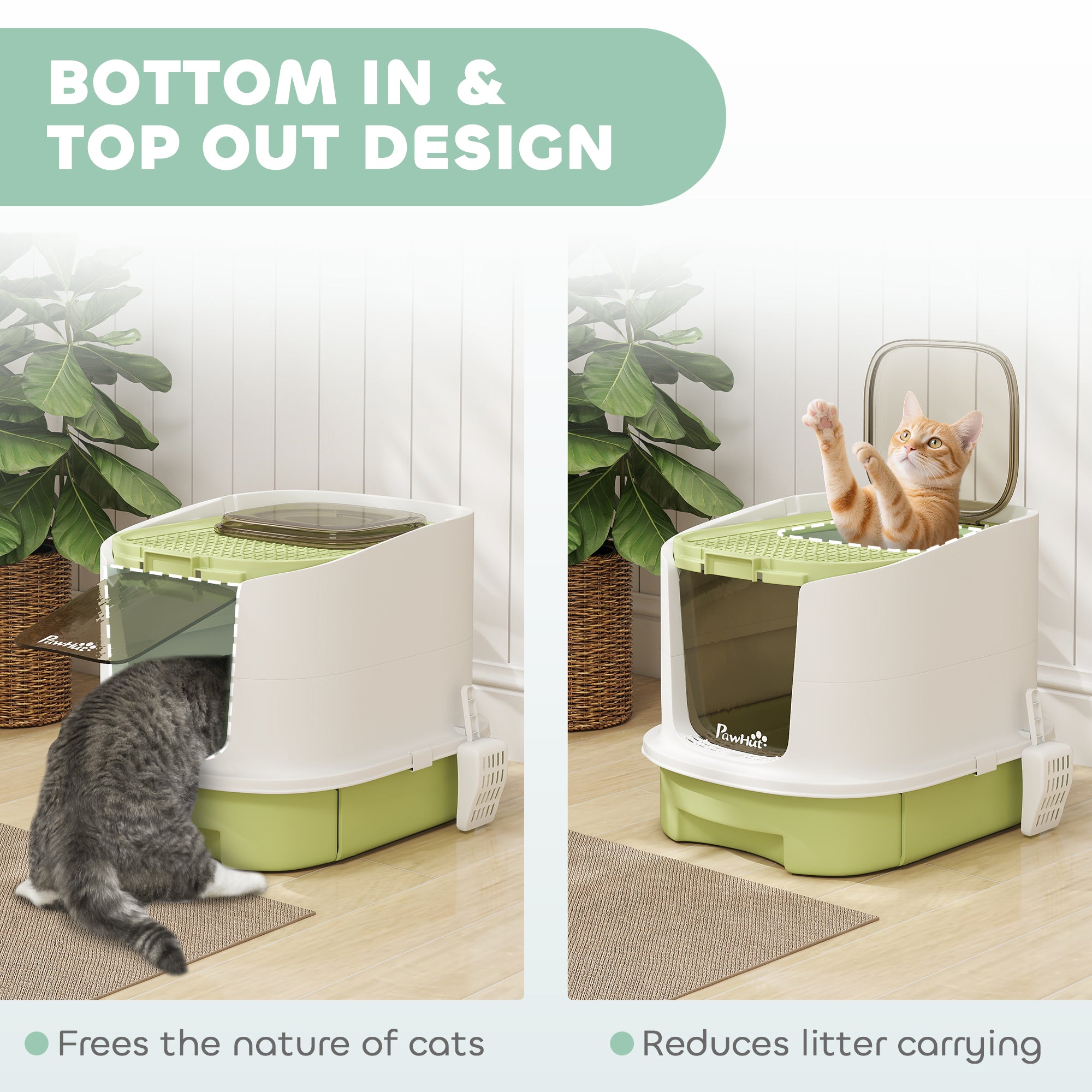 Enclosed Cat Litter Box with Lid, Scoop, Top Entry, Deodorization Bags, Drawer Type Cat Litter Tray, Easy to Clean, Green