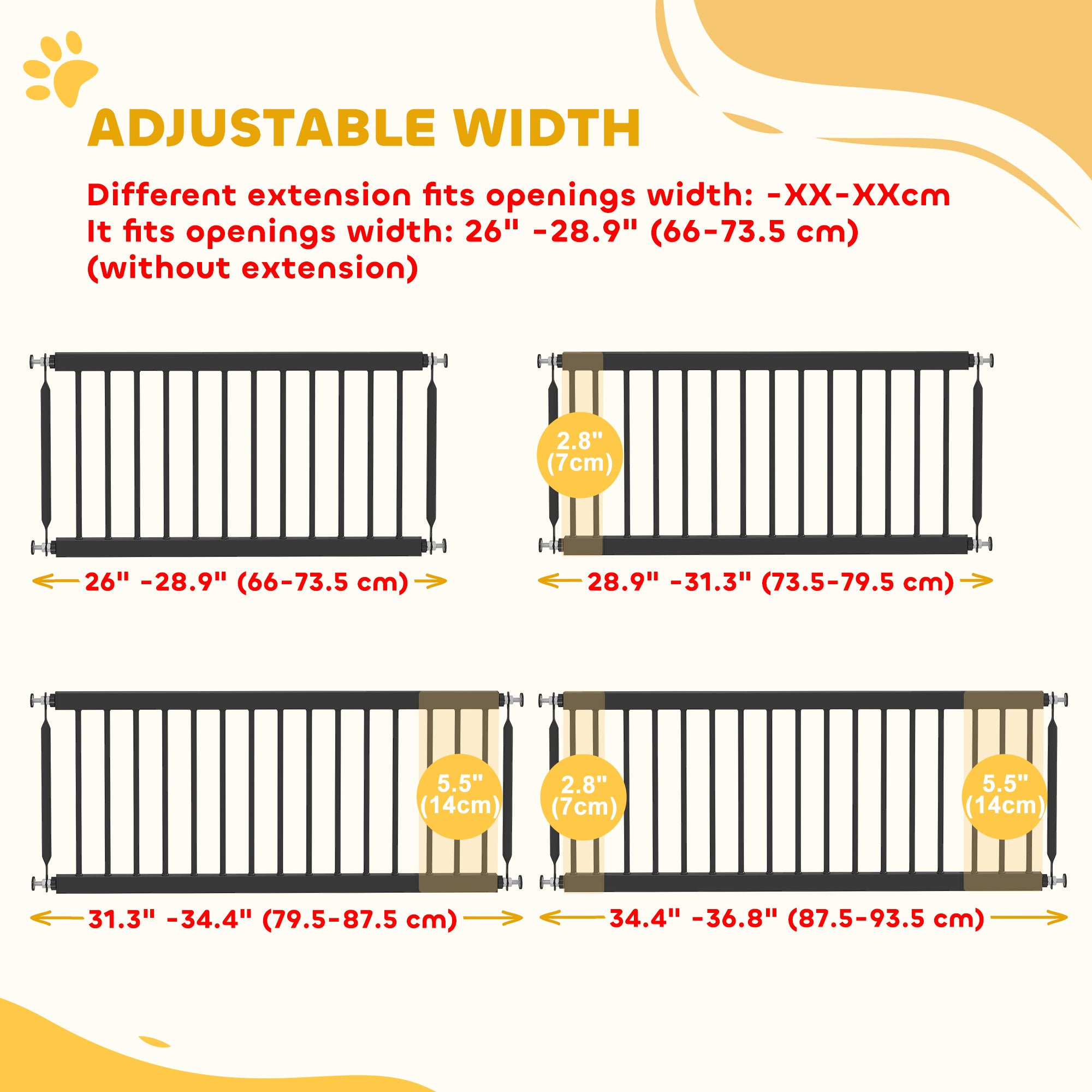 26"-37" Dog Gate, Adjustable Pet Gate, Fits 14" Tall with 2 Extension, Pressure Mount Kit for Stairs and Doorways, Black