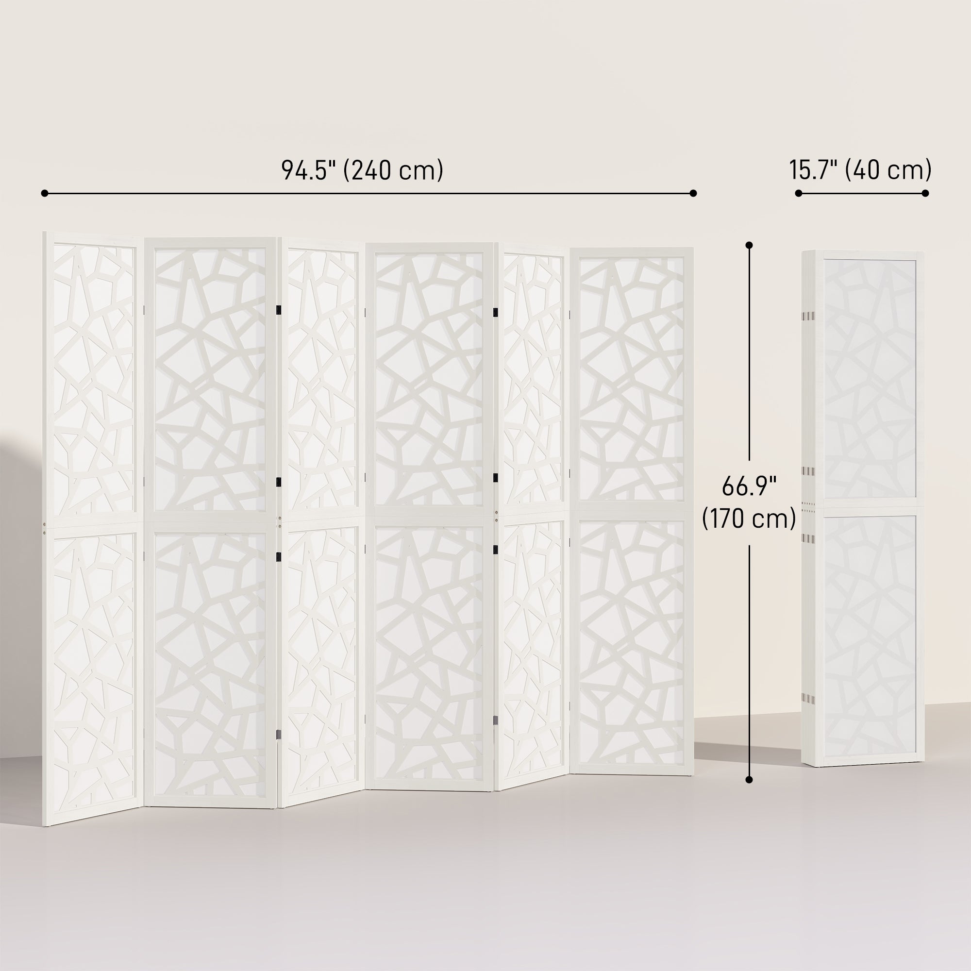 6 Panel Room Divider, 5.6 FT Lightweight Folding Privacy Screen with Geometric Pattern for Living Room, Bedroom, White
