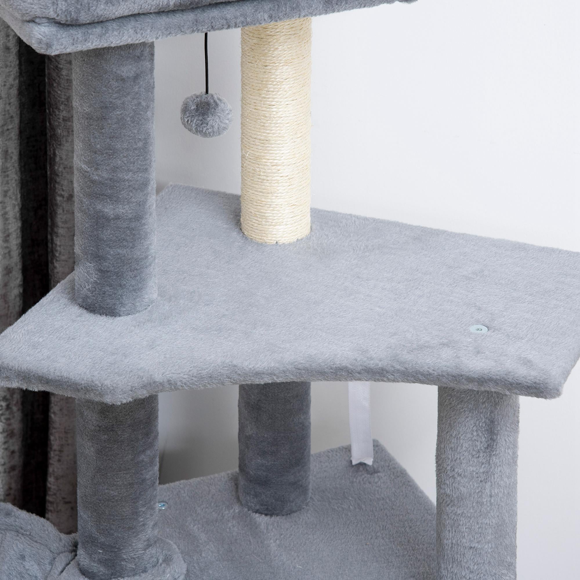 50 Inch Cat Tree, Multi-Level Cat Tower with Sisal Scratching Posts and Ramp, Bed, Condo, Hammock, Toy Ball, Grey