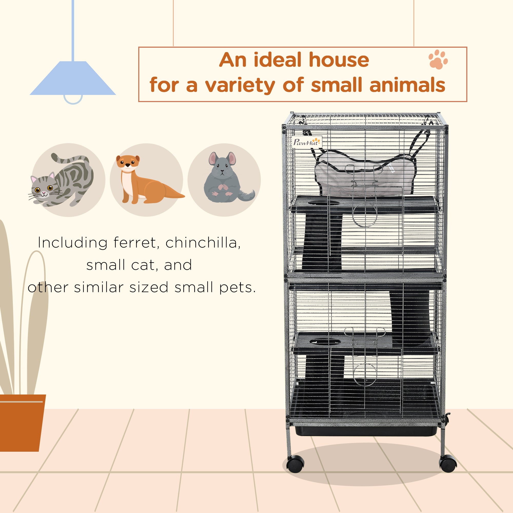 4-Tier Rolling Small Animal Cage, Deluxe Ferret Cage for Mink Chinchilla Kitten Rabbit