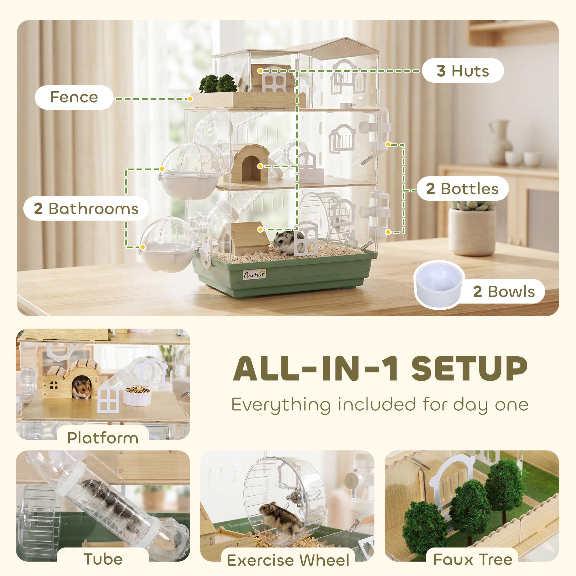 Large Hamster Cage, 3 Tiers Acrylic Hamster Habitat with Water Bottles, Running Wheel for Pet Mice, Dwarf Hamster