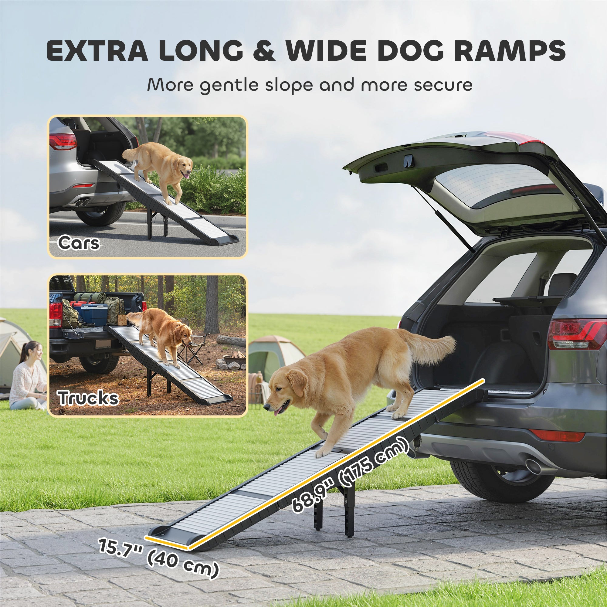 Foldable Dog Car Ramp with Support Leg, Non-Slip TPR Surface, 69" x 15.7", for Small to Large Dogs Up to 220LBS