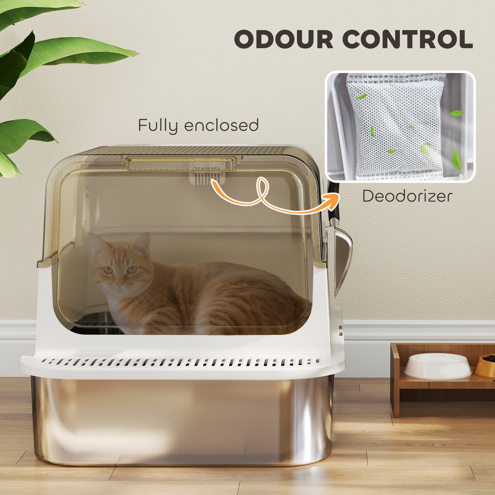 Stainless Steel Cat Litter Box, Easy-Clean Enclosure with Scoop & Flip Lid, 27.6" L x 19.7" W x 18.3" H, White