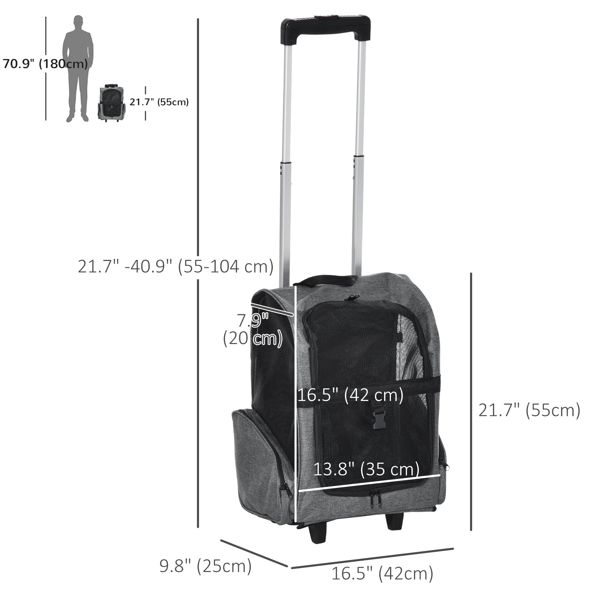 Valise pour animaux 2-en-1, sac à dos et caisse de transport pour chats et chiens avec poignée et roulettes, grise