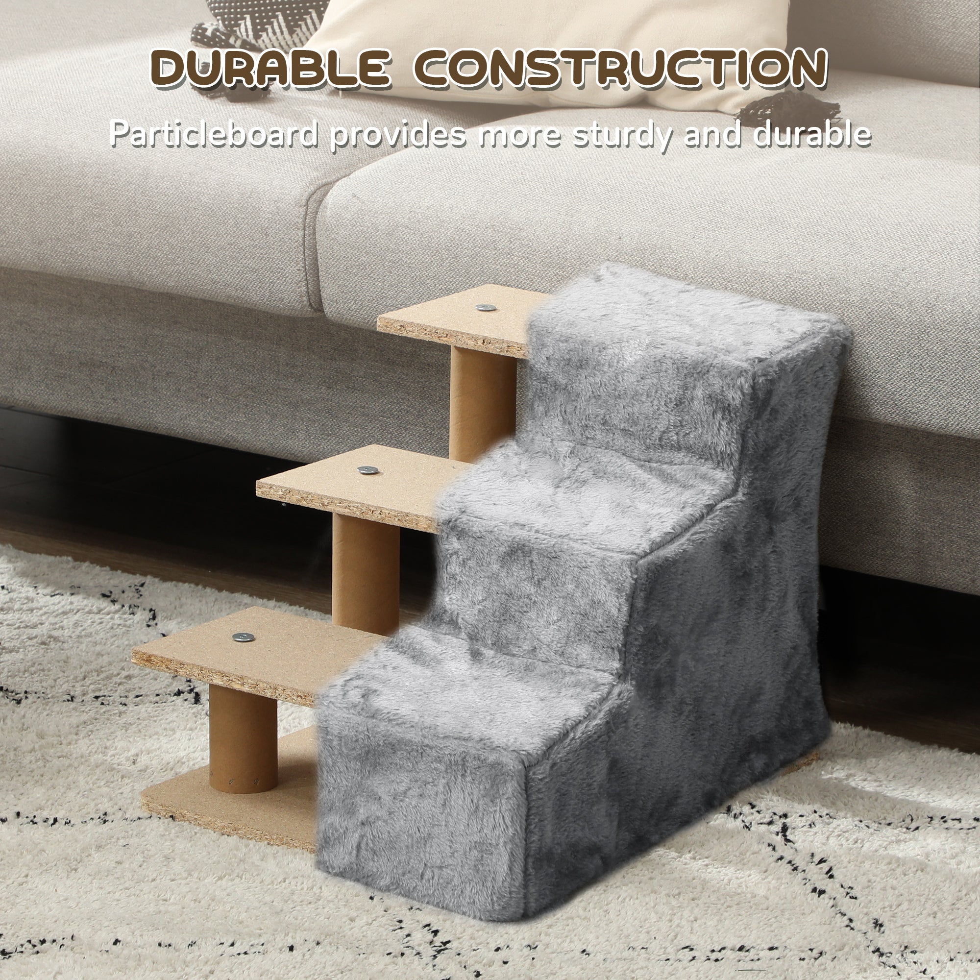 3-Step Dog Ramp for Sofa, Bed, and Couch, with Removable Cover, Light Grey