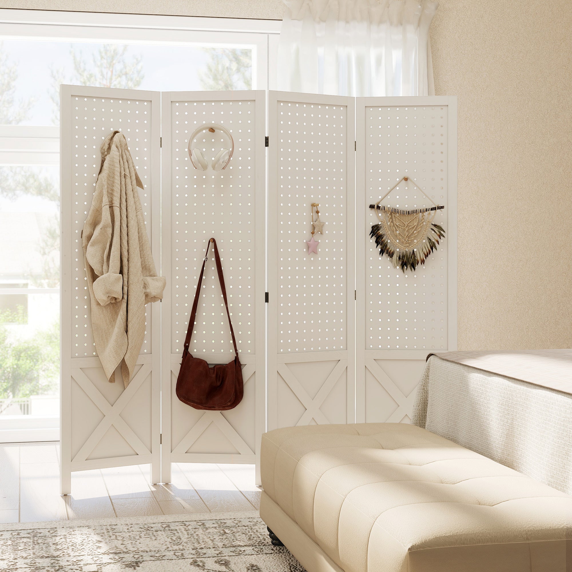 56.9" 4 Panel Wooden Room Divider with Pegboard Display, Folding Privacy Screen for Home Office, White