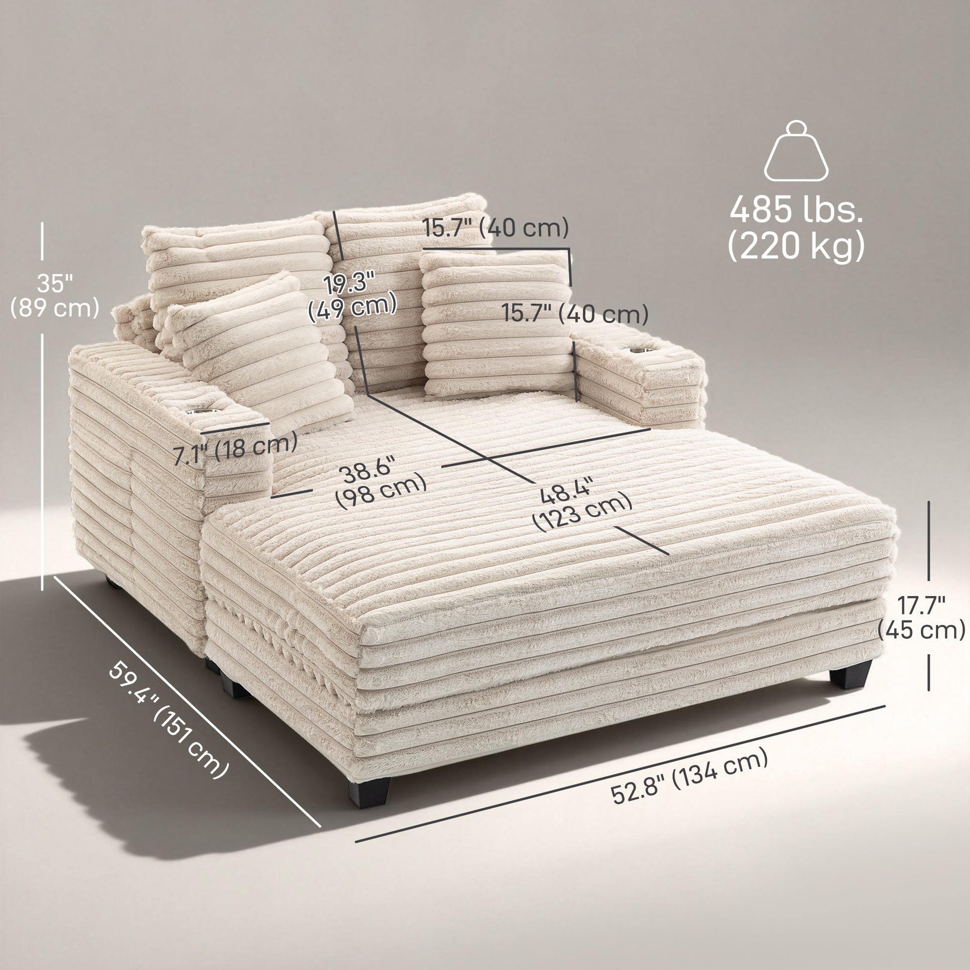 60" Chaise Lounge Chair, Oversized Upholstered Sofa Bed with Cup Holders & Pillows, Sleeper Couch for Living Room, Beige-Home Furnishings > Living Room Furniture > Sofas & Reclining Chairs-DECOROLALA