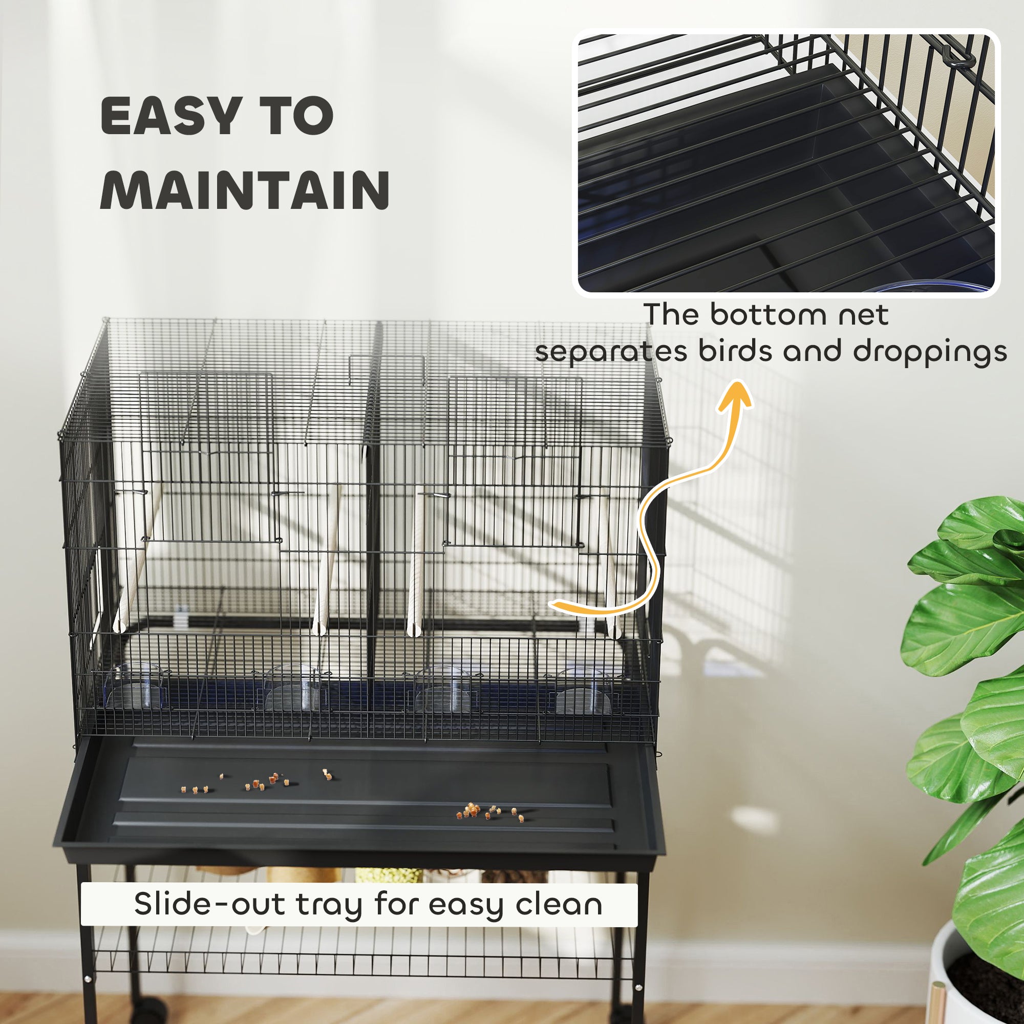 46" H Bird Cage, Large Parakeet Cage for Budgie, Lovebird, Canary, Finches with Divider, Black