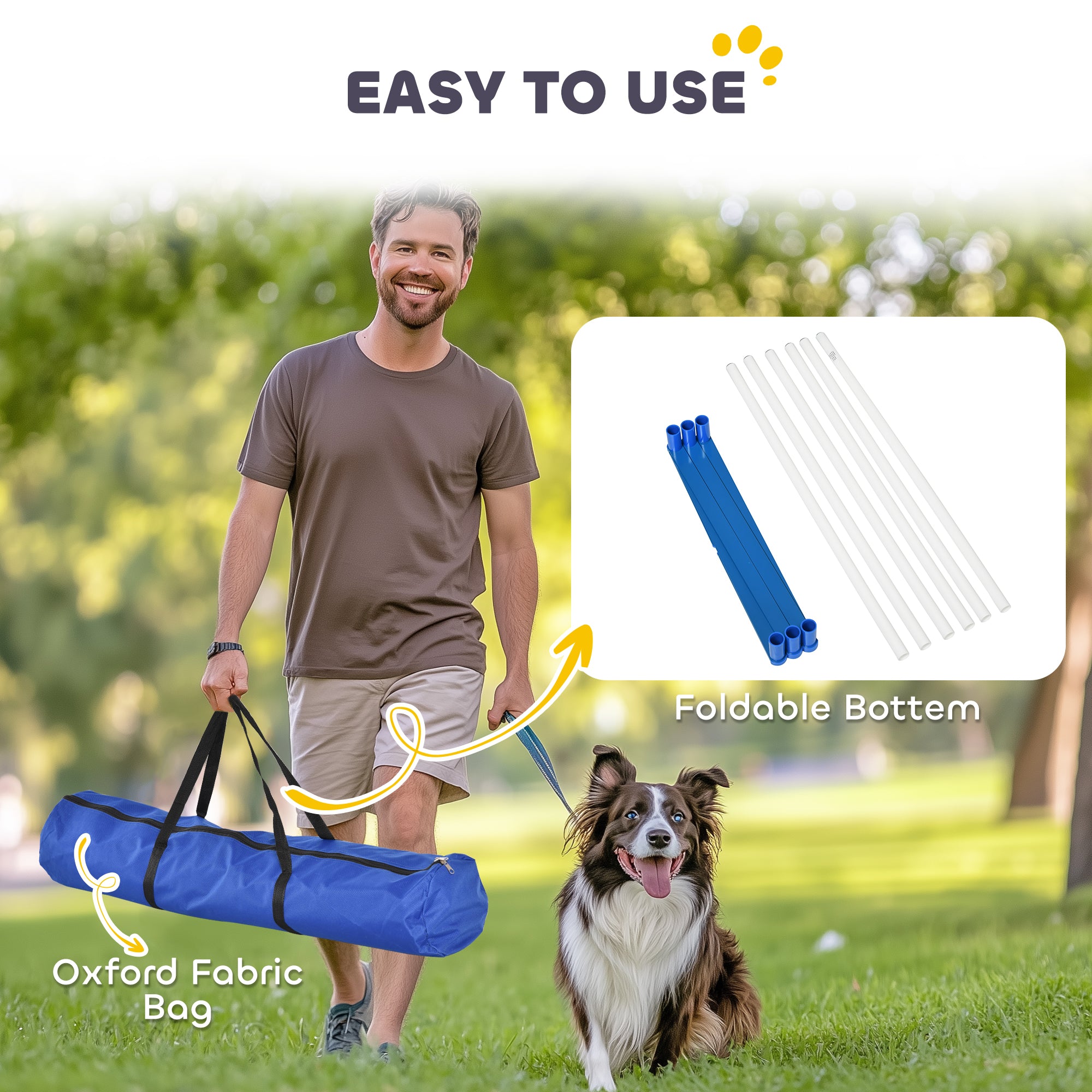 Ensemble d’obstacles réglables d’entraînement à l’agilité canine avec poteaux de slalom et sac de rangement, pour chiens domestiques, jeux et exercices en extérieur, bleu et blanc