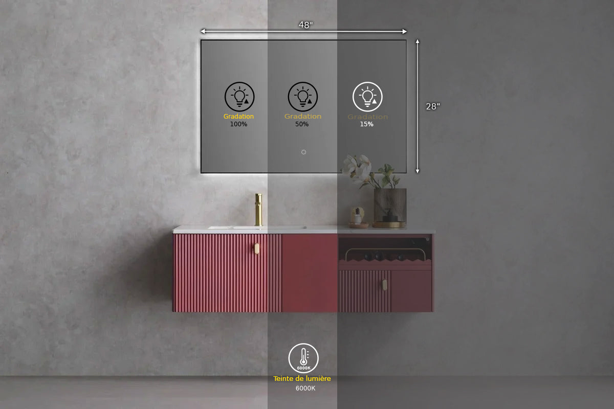 48" x 28" Premium LED Bathroom Mirror with Matte Black Aluminum Frame - Anti-Fog Smart Mirror with Adaptive Dimming Control, 6000K Cool White Lighting & Compact Illumination Design