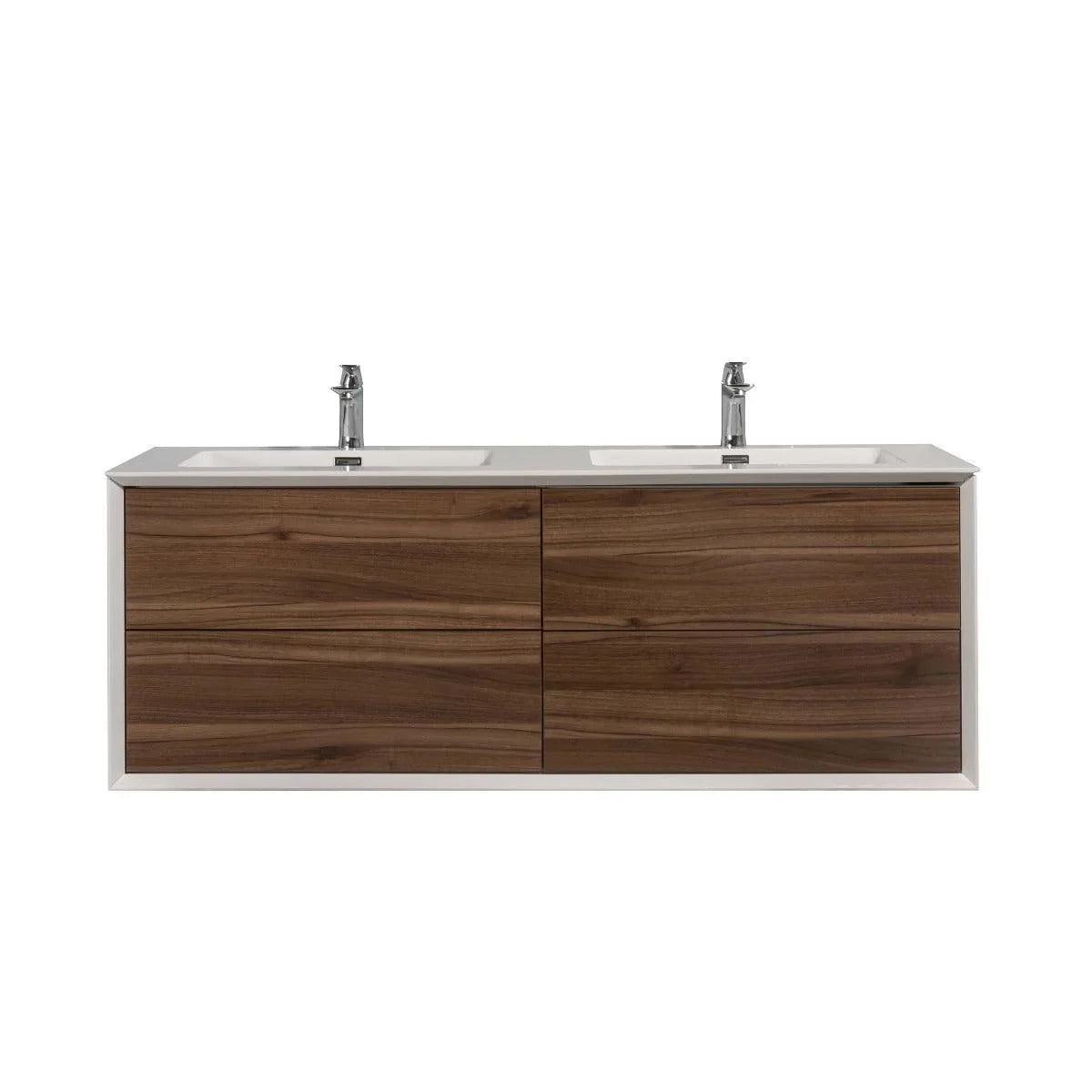 60" Walnut Wall Mount Double Sink Bathroom Vanity with White Polymarble Countertop Fleur