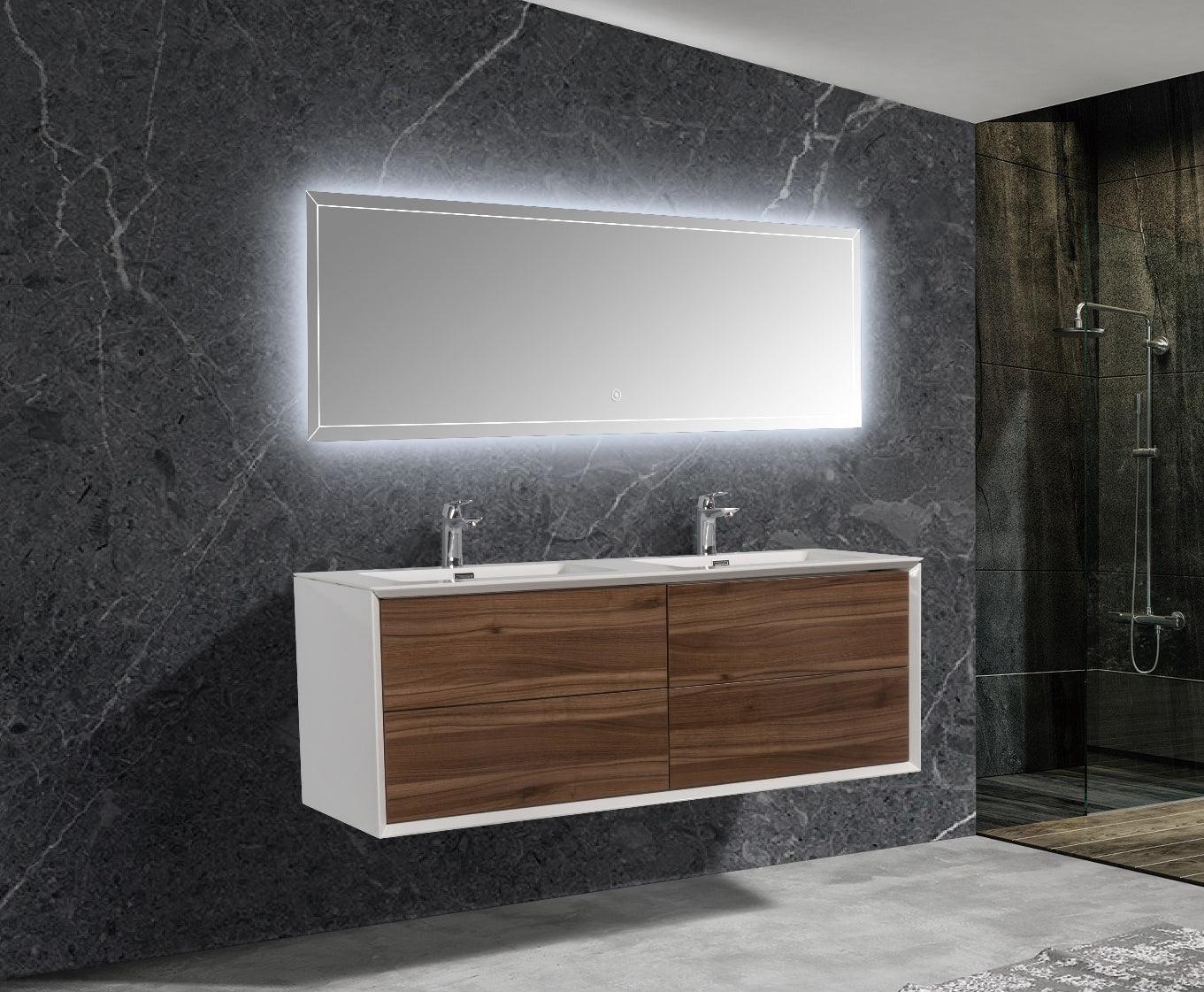 60" Walnut Wall Mount Double Sink Bathroom Vanity with White Polymarble Countertop Fleur