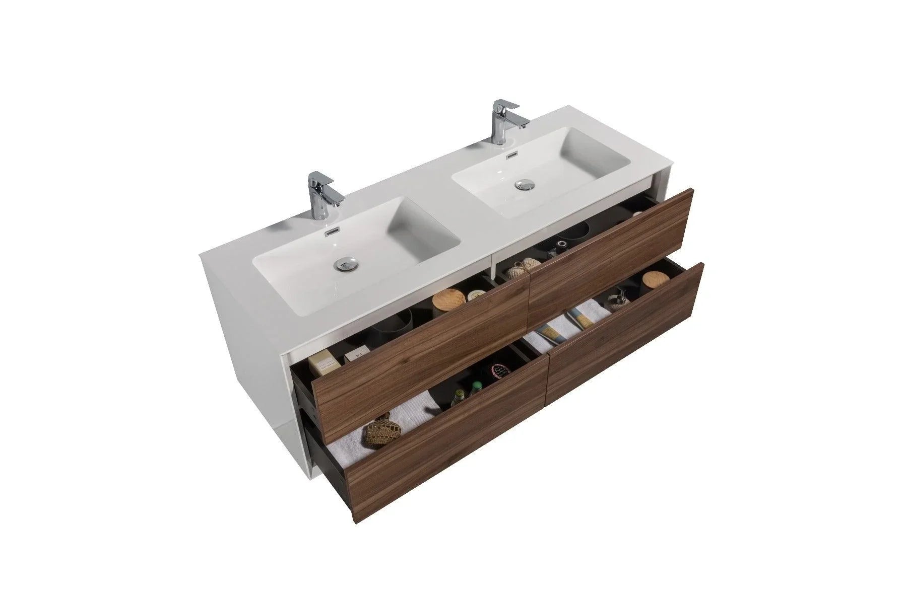 60" Walnut Wall Mount Double Sink Bathroom Vanity with White Polymarble Countertop Fleur
