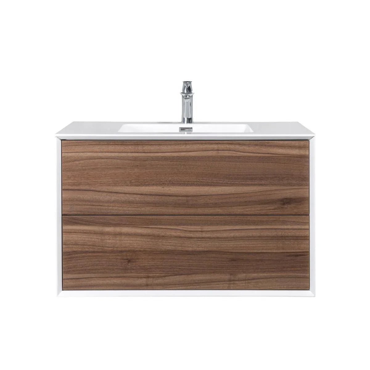 36" Walnut Wall Mount Vanity with White Polymarble Countertop