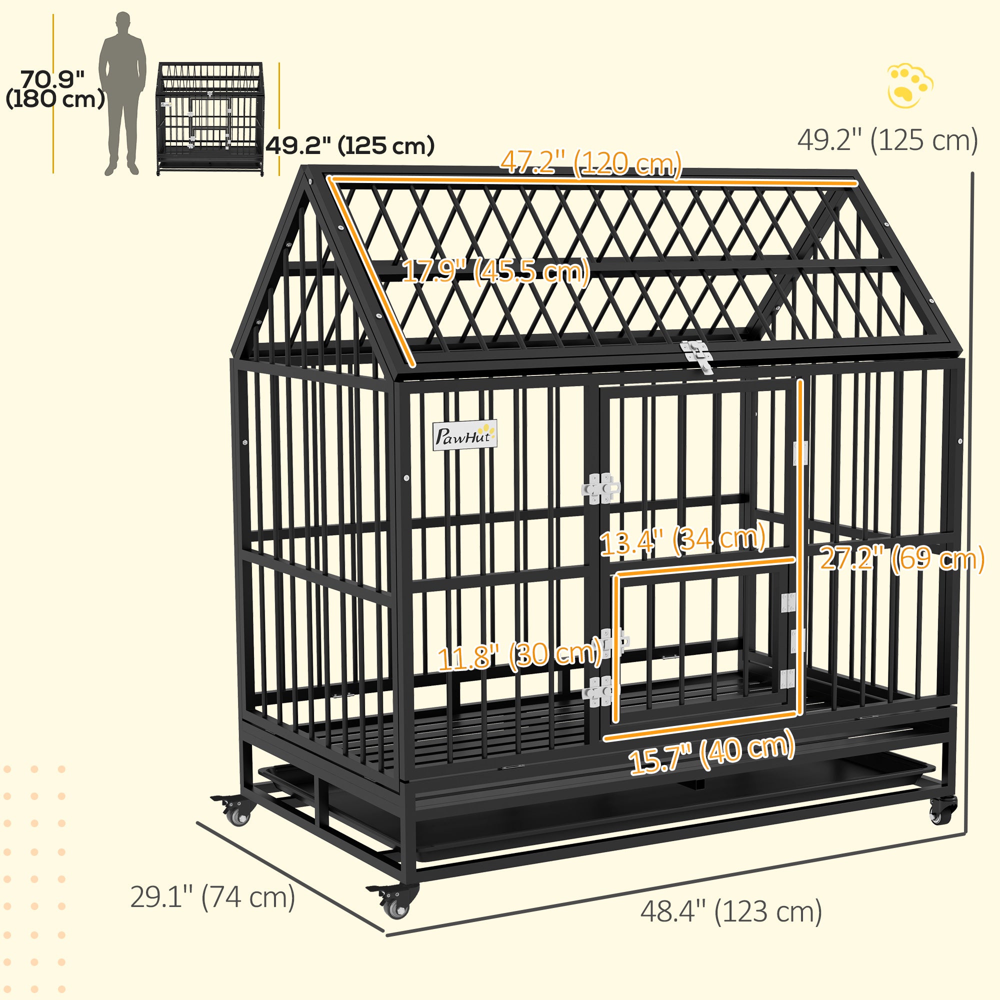 Cage pour chien robuste de 49" avec bac amovible, portes et toit ouvrable, pour chiens grands et très grands, noir