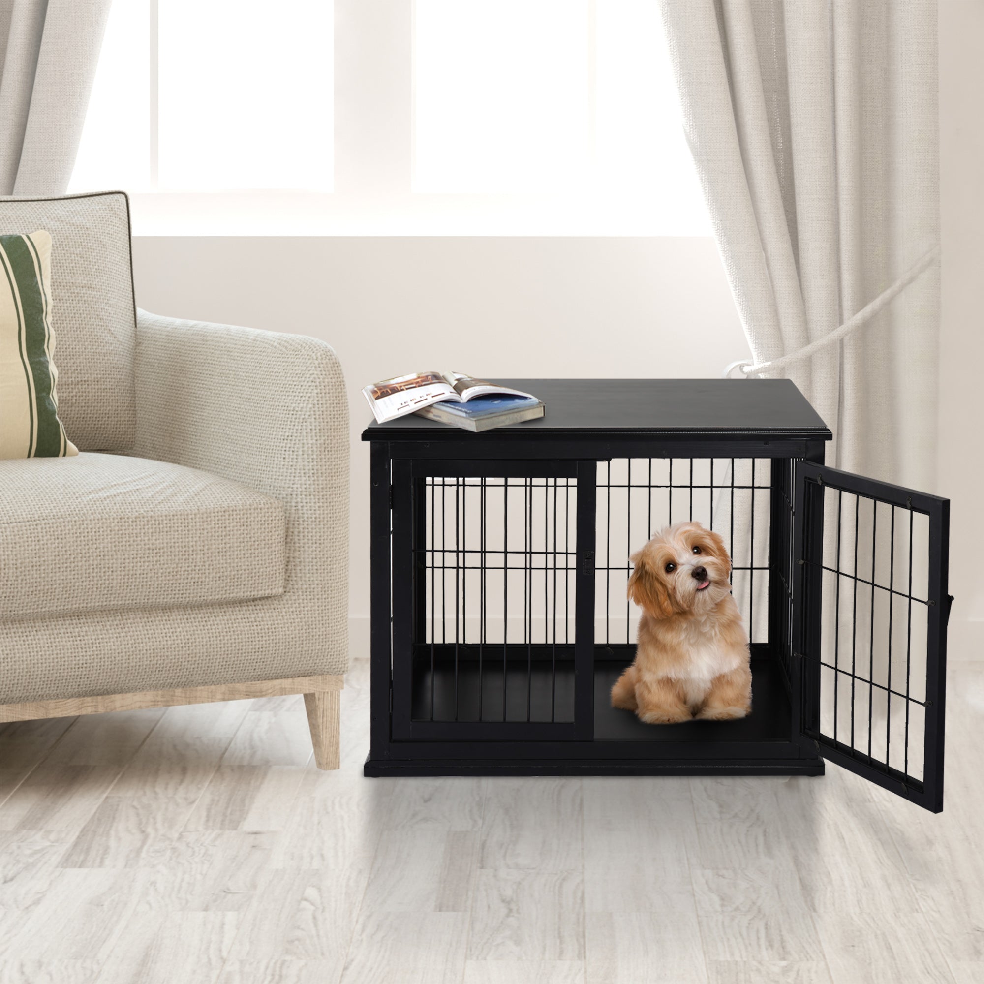 26" Wooden Dog Cage with Double Door Entrance & Simple Modern Design, Black