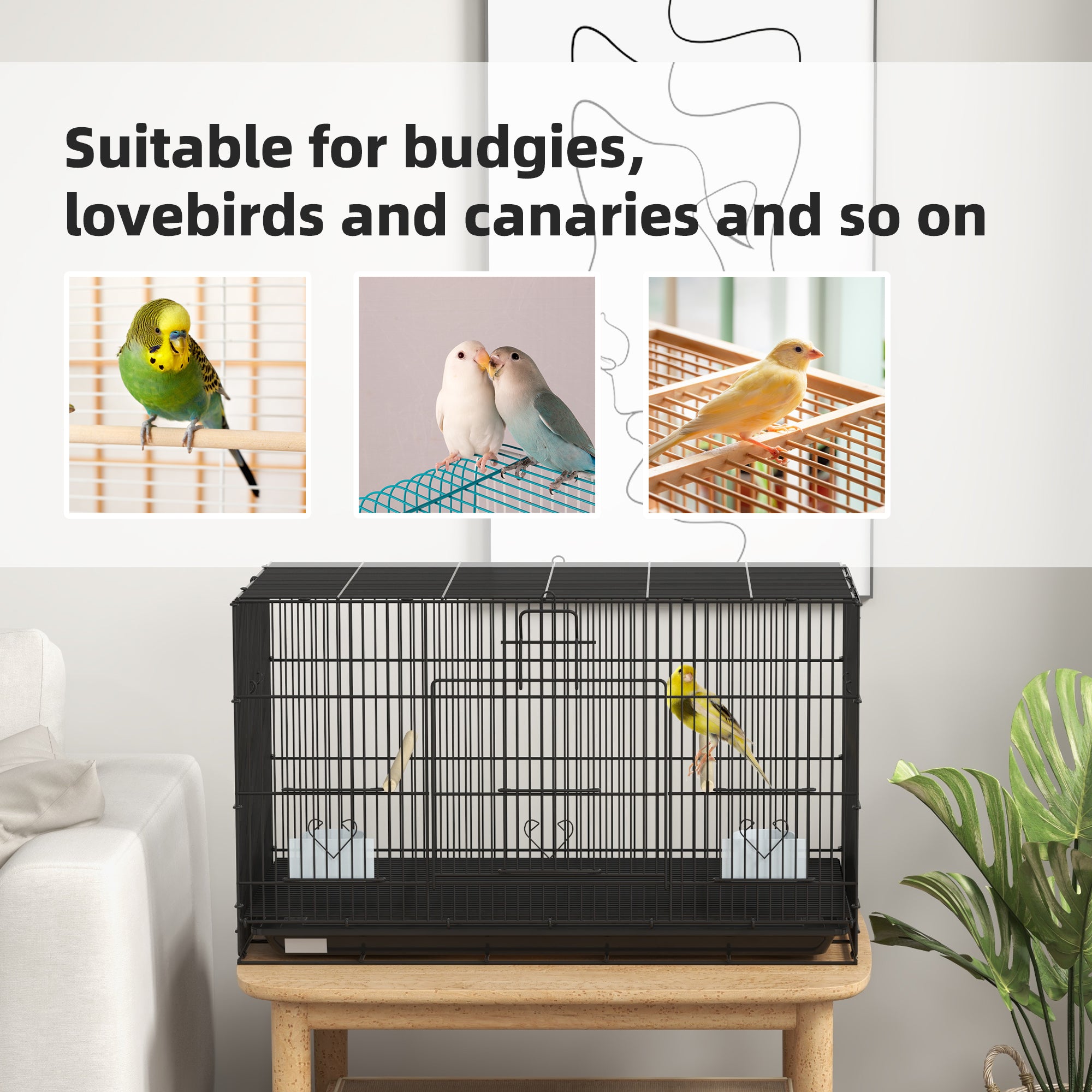 Birdcage for Canaries, Lovebirds Finches, Budgie Cage with Removable Tray, Bottom Mesh Panel, Wooden Perches, Food Containers, 30"L x 18"W x 18"H, Black