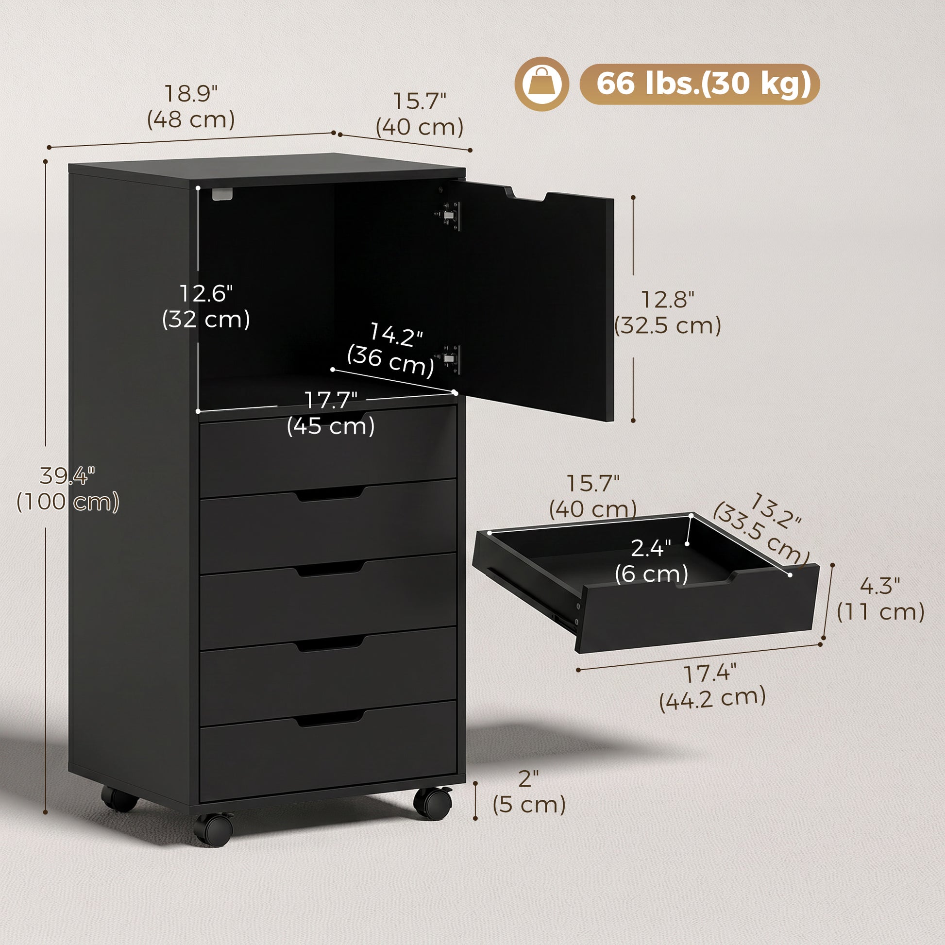 File Cabinet on Wheels Mobile Printer Stand with 5 Drawers for Home Office Black-Office Products > Office Furniture > Office Cabinets & Cupboards-DECOROLALA