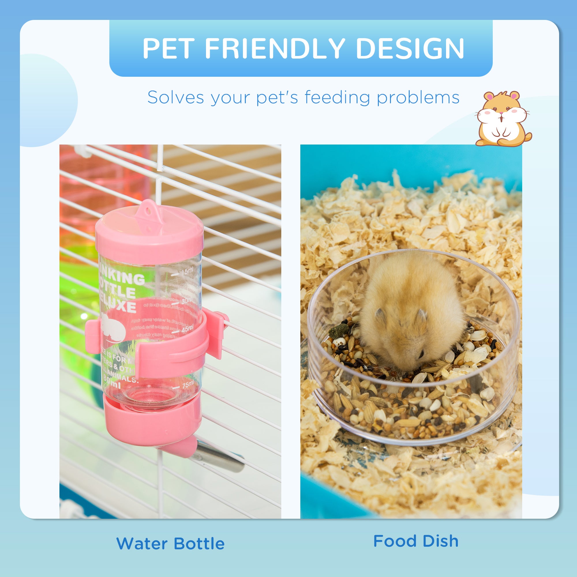 23" Large Hamster Cage, Small Animal House, 5-Level Gerbil Haven, Tunnel Tube System, with Water Bottle, Exercise Wheel, Food Dish, Ramps, 2 Doors, Light Blue