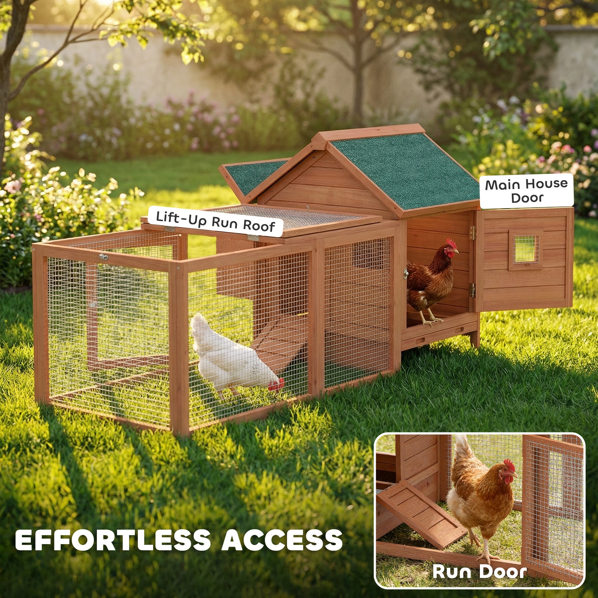 72" Chicken Coop, Wooden Hen House for 2 Chickens, Poultry Cage with Run, Nesting Box, Removable Tray, Waterproof Roof