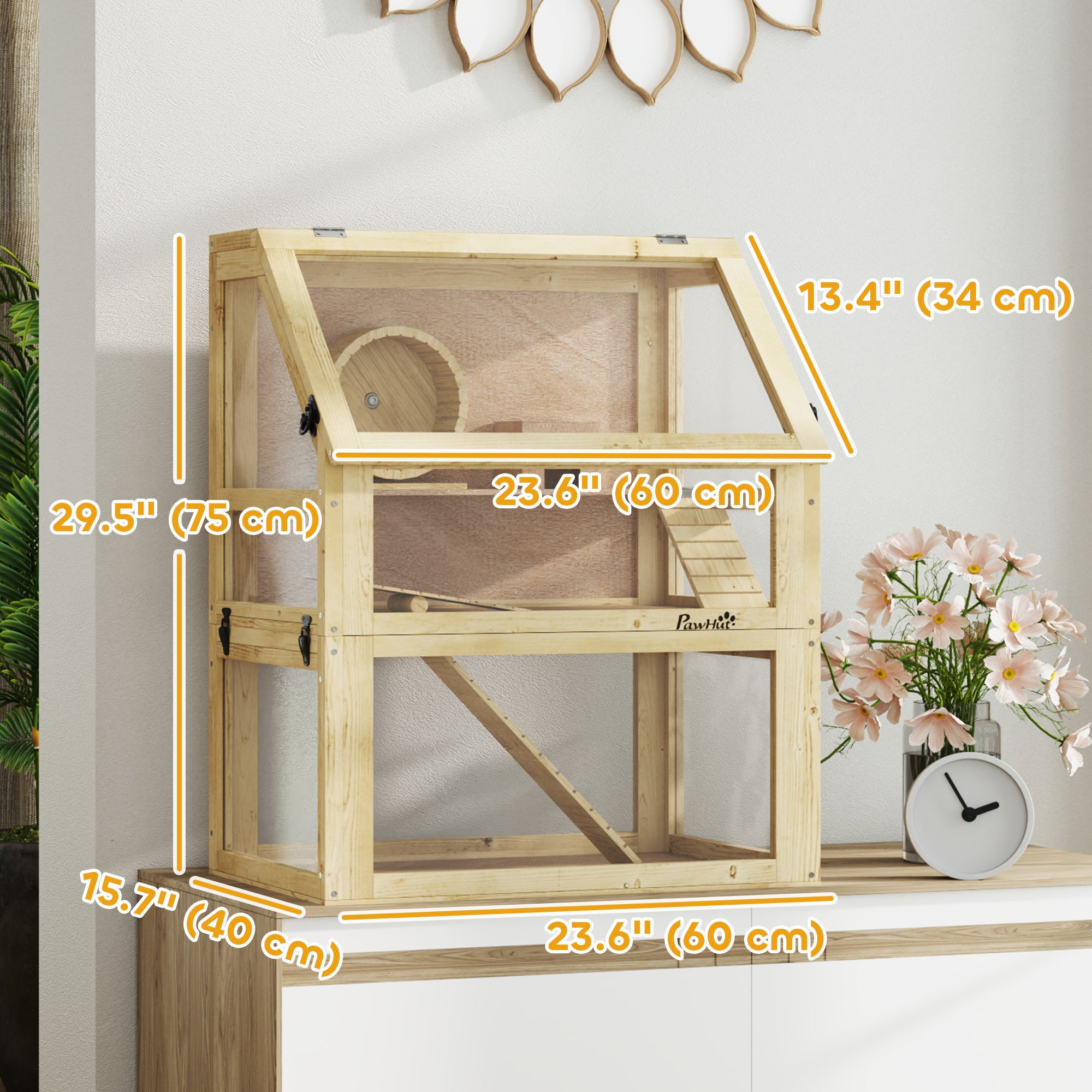 Wooden Hamster Cage, 3 Tier Gerbil Cage with Deep Bottom, Hut, Seesaw, Exercise Wheel, Ramps, 24" x 16" x 29.5"