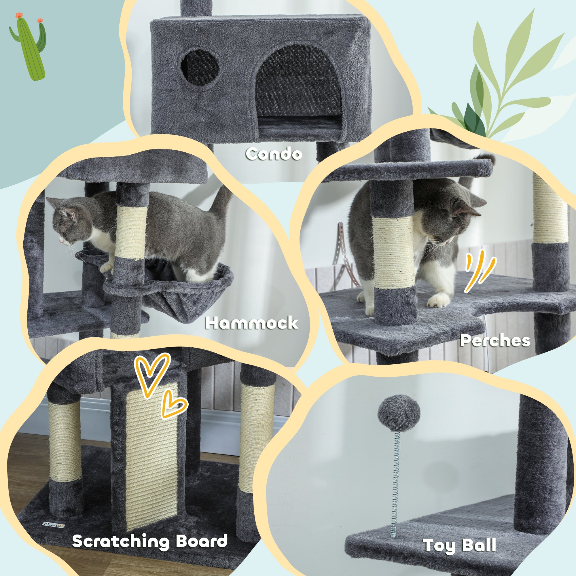 91"-98" Floor to Ceiling Cat Tree with 2 Condos, Hammock and Sisal Scratching Posts, for Indoor, Dark Grey
