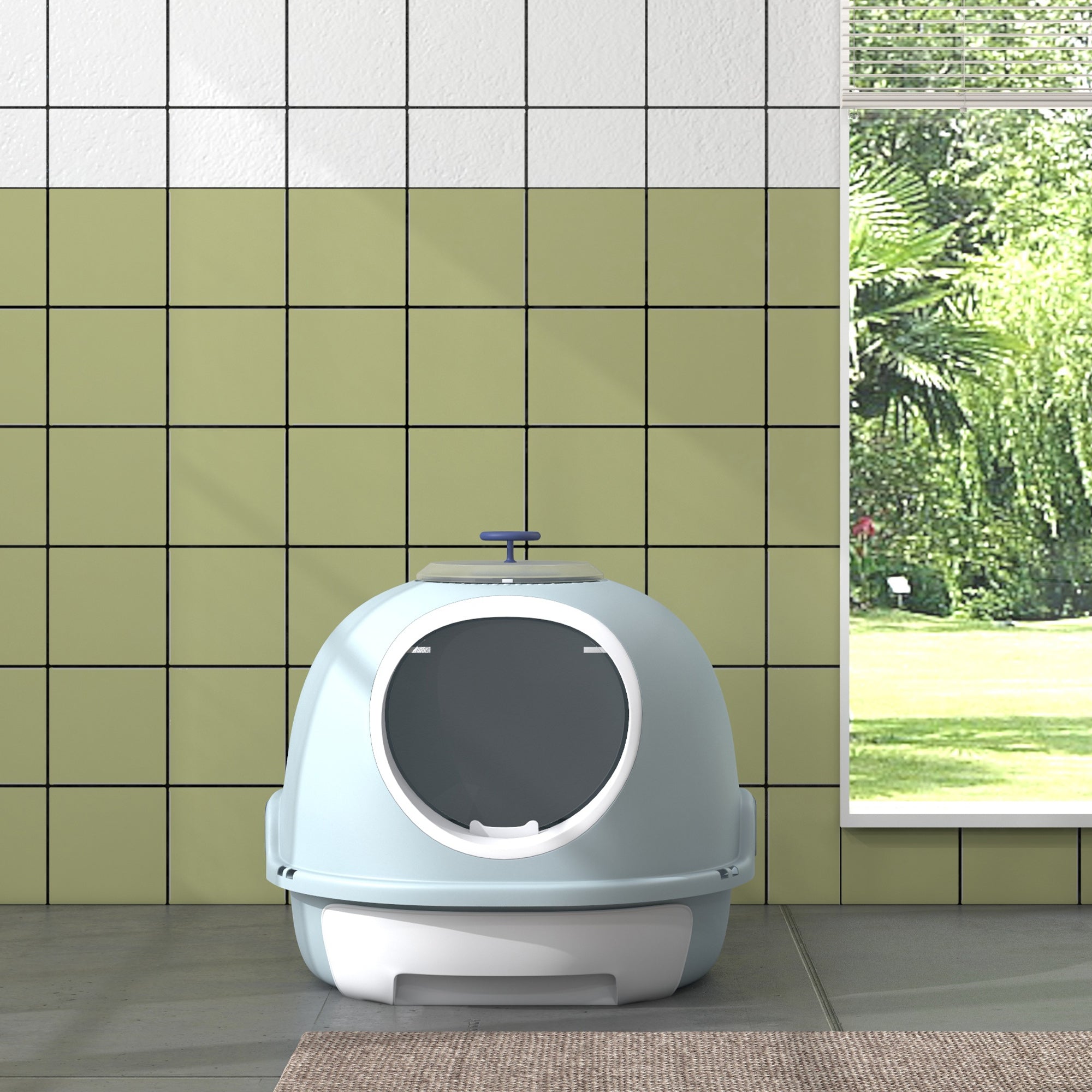 Cat Litter Box Toilet with Lid, Covered Litter Box with Scoop, Enclosed Drawer and Skylight, Blue
