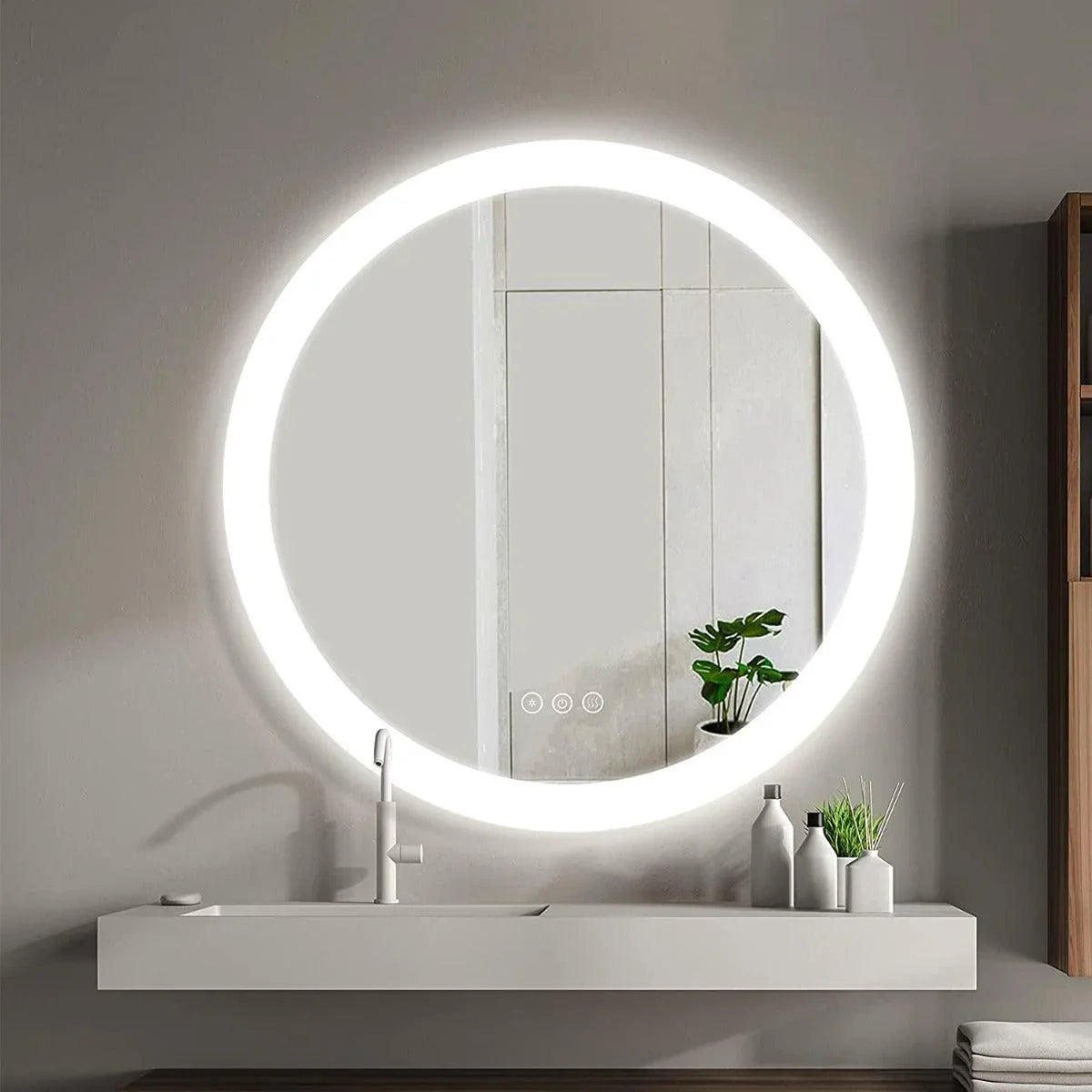 32" Round LED Bathroom Mirror with Integrated Ribbon Illumination - Premium Grey Edge Mirror with Frosted Lighting Technology, Complete Back Panel Support & Virtually Glowing Effect