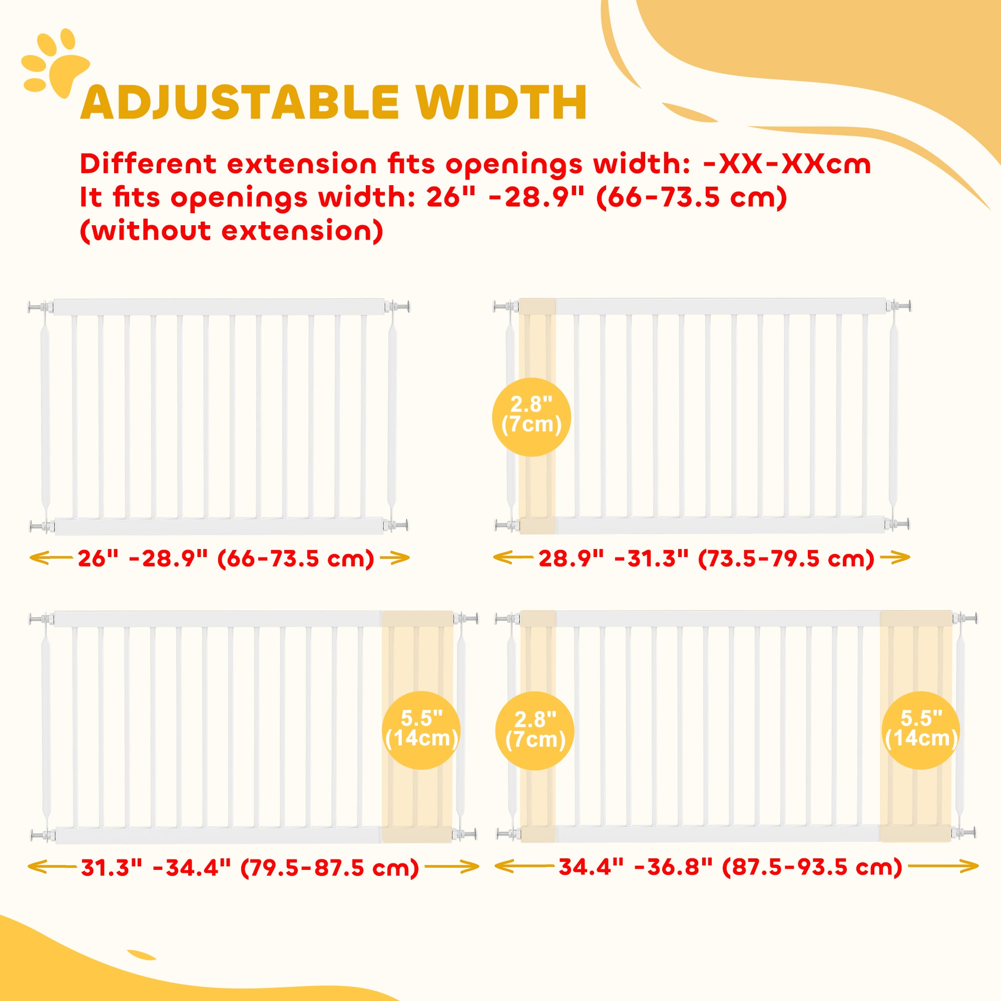 26"-37" Dog Gate, Adjustable Pet Gate, Fits 18" Tall with 2 Extension, Pressure Mount Kit for Stairs and Doorways, White