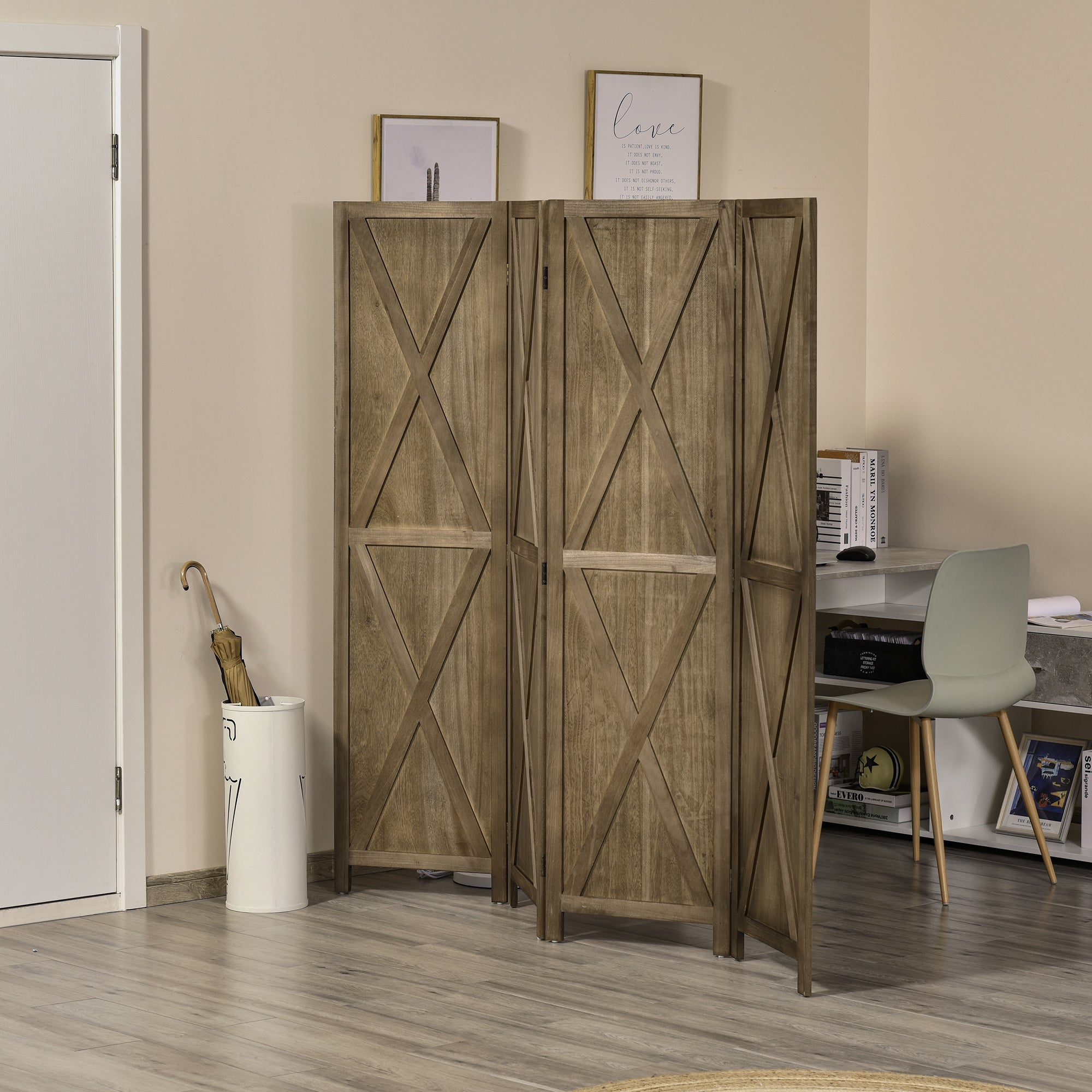4-panel Wall Partition Farmhouse Room Separator with Foldable Design Wooden Frame 5.6FT, Brown
