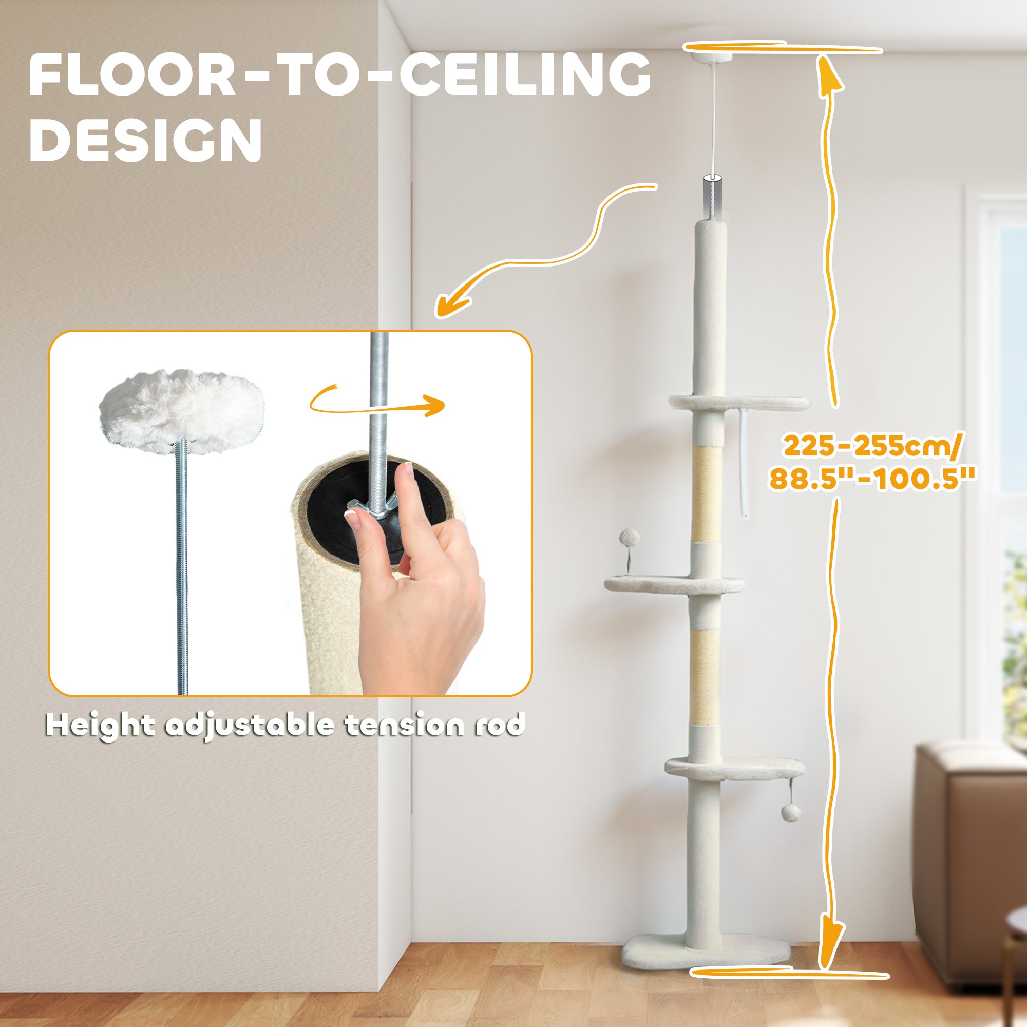 88.5"-100.5" Floor to Ceiling Cat Tree, Cat Tower with Scratching Posts, Cloud Shaped Platforms, Dangling Balls, Cream