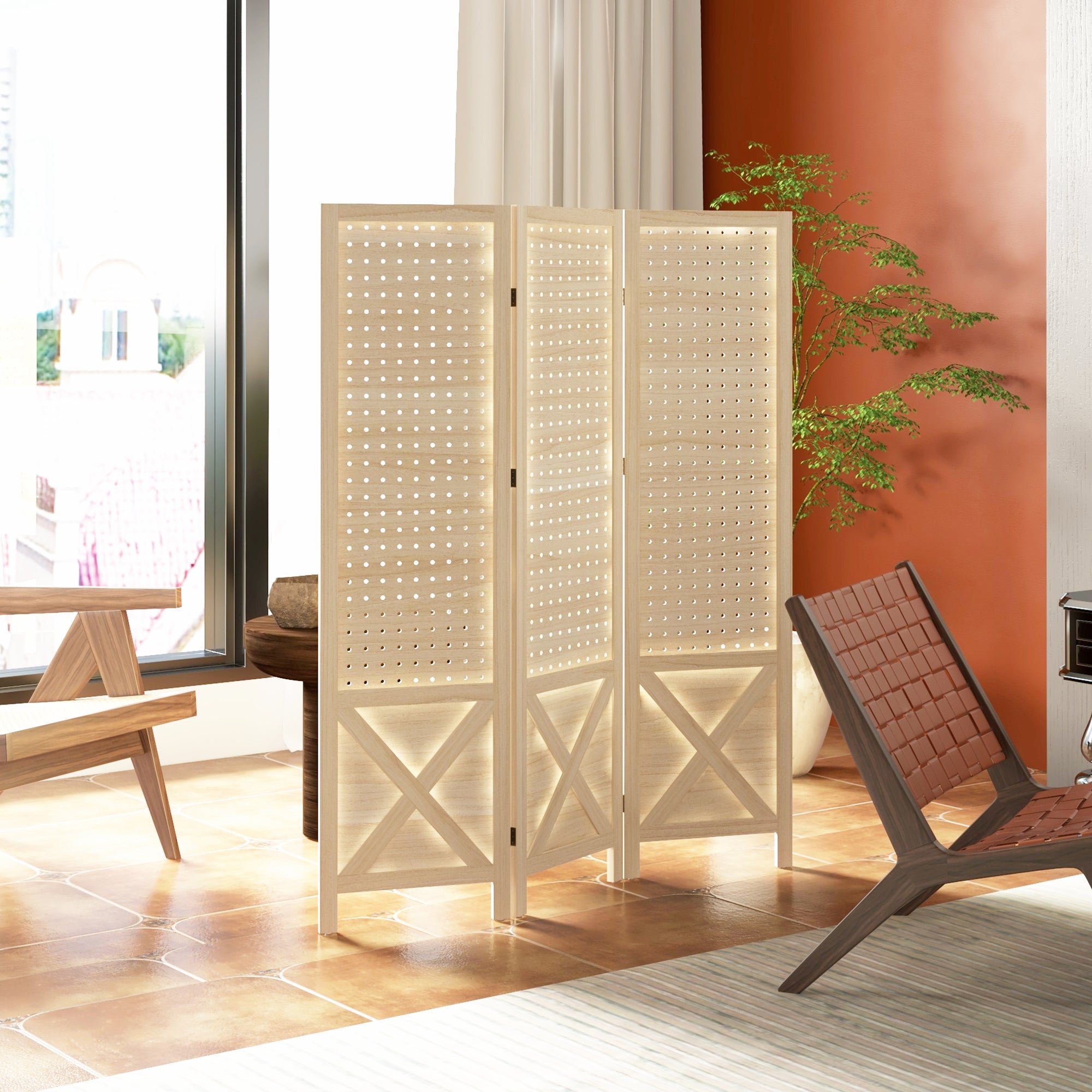 4.7' 3 Panel Wooden Room Divider with Pegboard Display, Folding Privacy Screen for Home Office, Natural