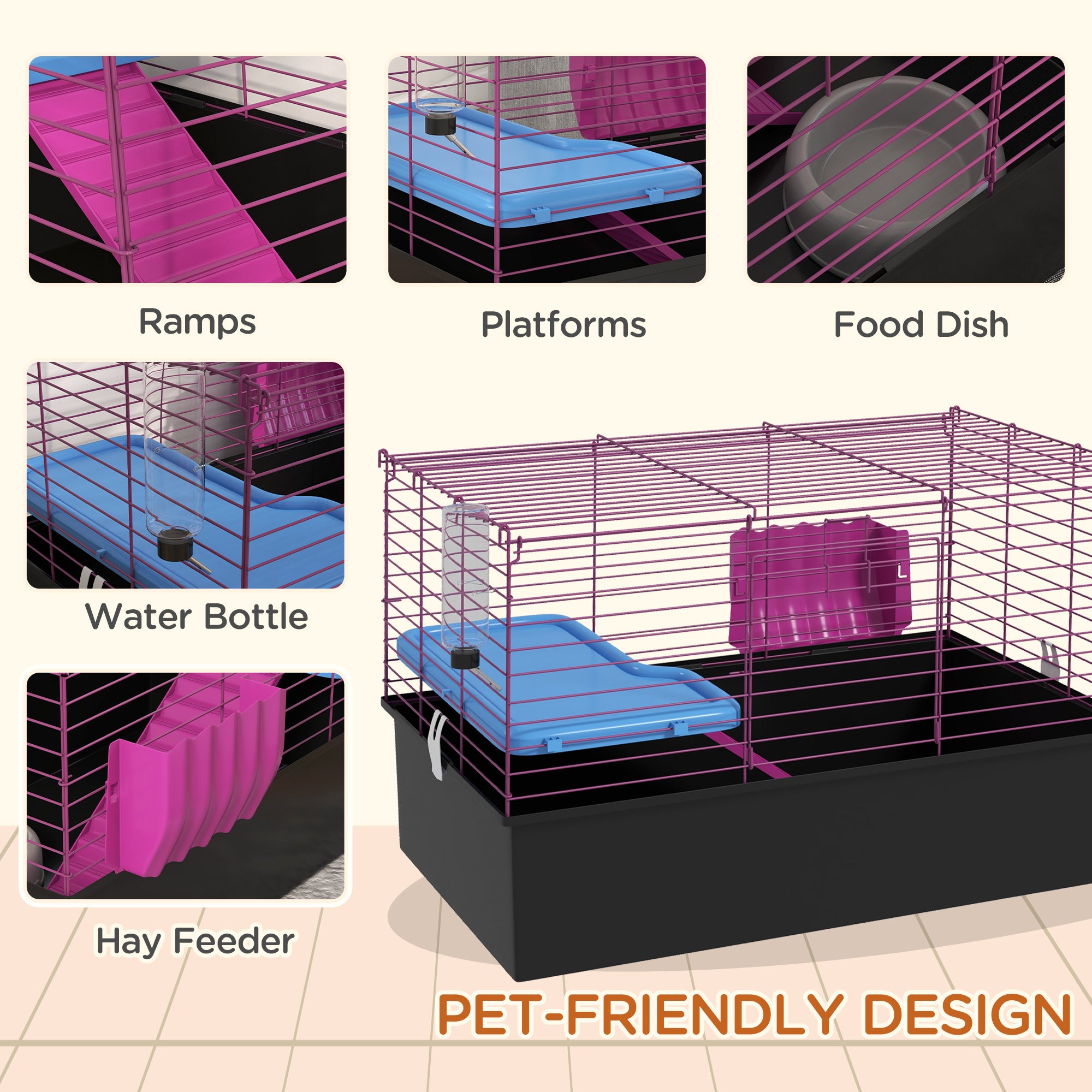 18.5" Small Animal Cage with Water Bottle, Food Dish, Platform, Ramp, Black