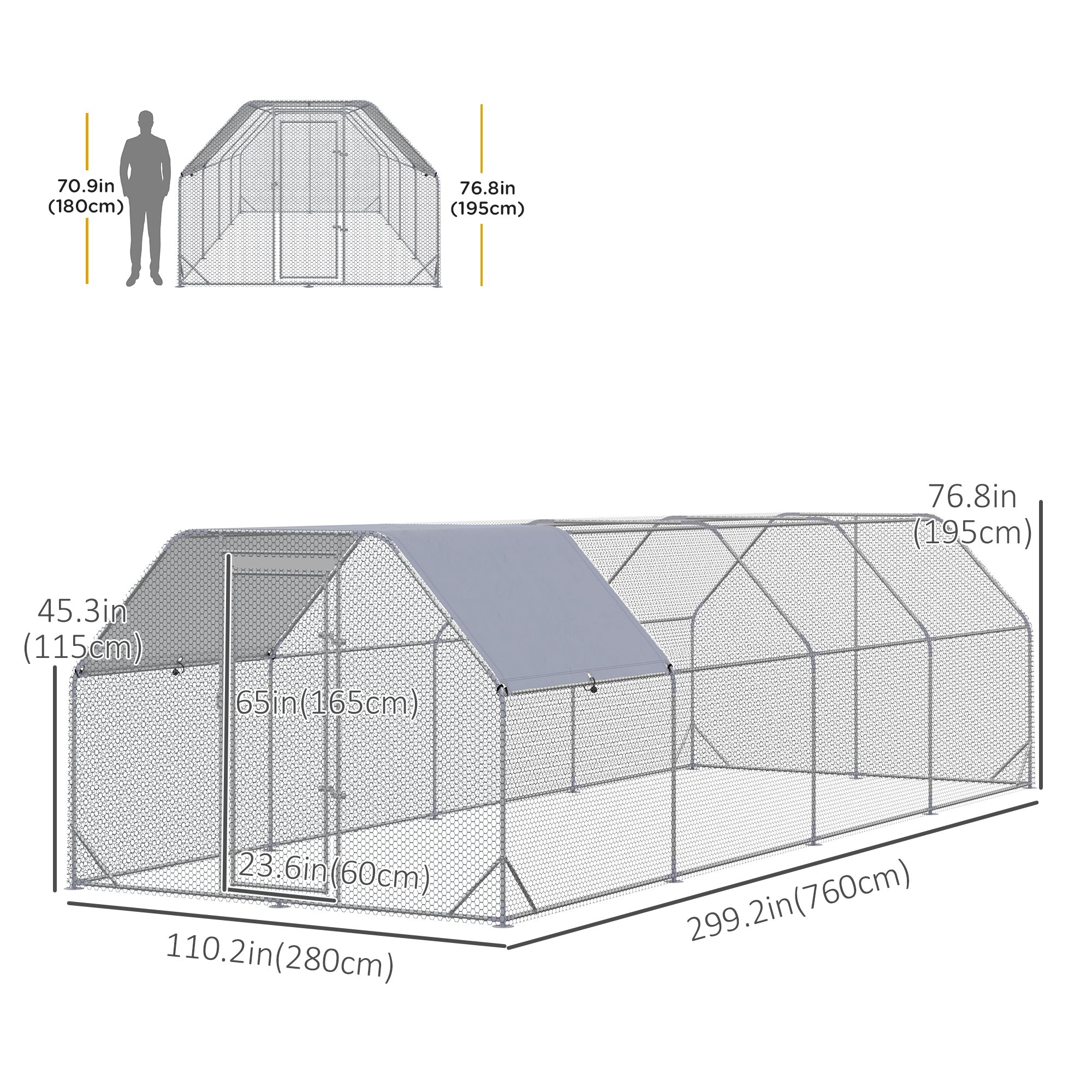 Chicken Run Outdoor, Galvanized Large Metal Chicken Coop Cage, Walk-in Enclosure Poultry Hen Run House Playpen Rabbit Hutch with Flat Roof, Cover, 9.2'x24.9'x6.5',Silver