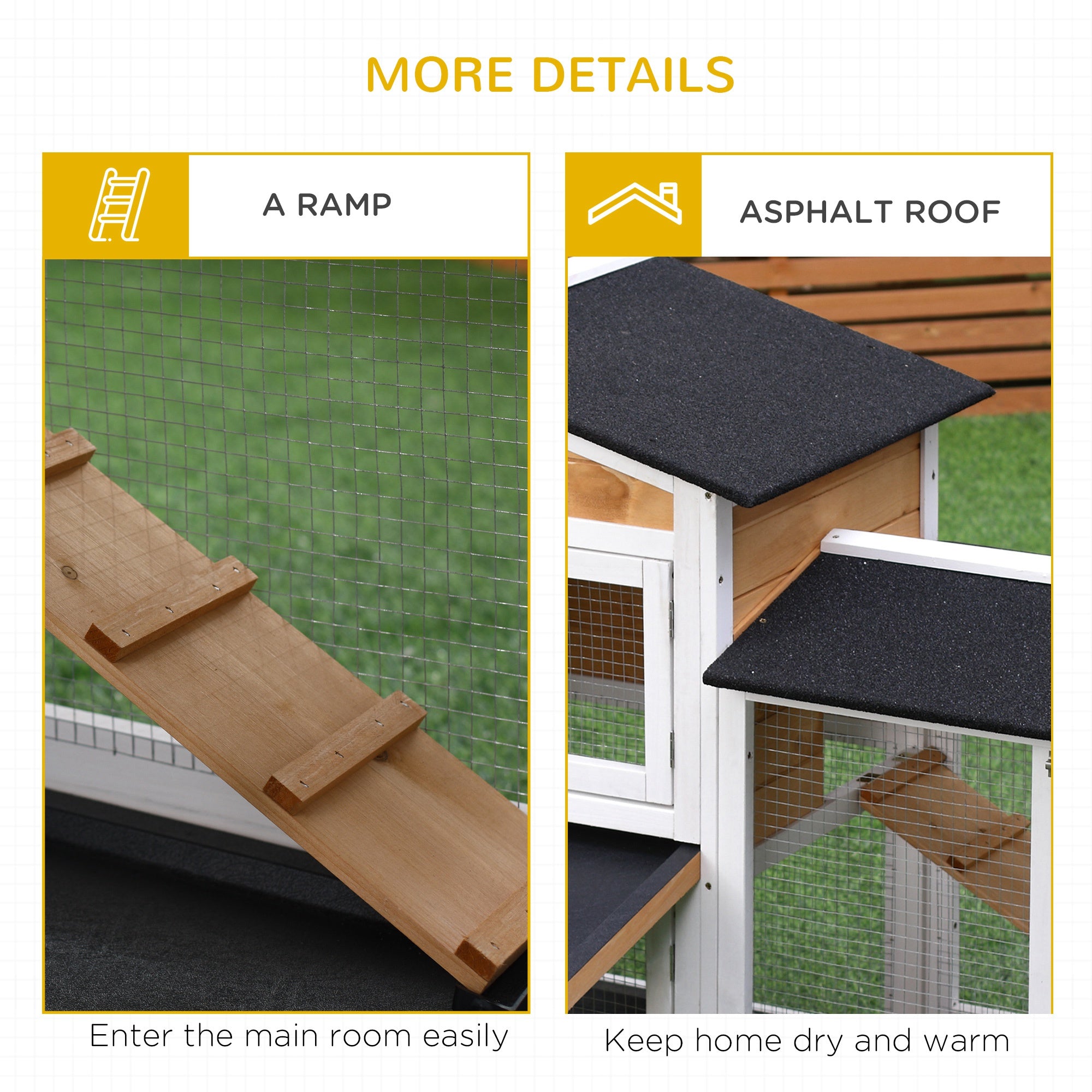 Clapier en bois à 2 niveaux pour lapins, cage d’extérieur pour petits animaux avec rampe et enclos extérieur, jaune