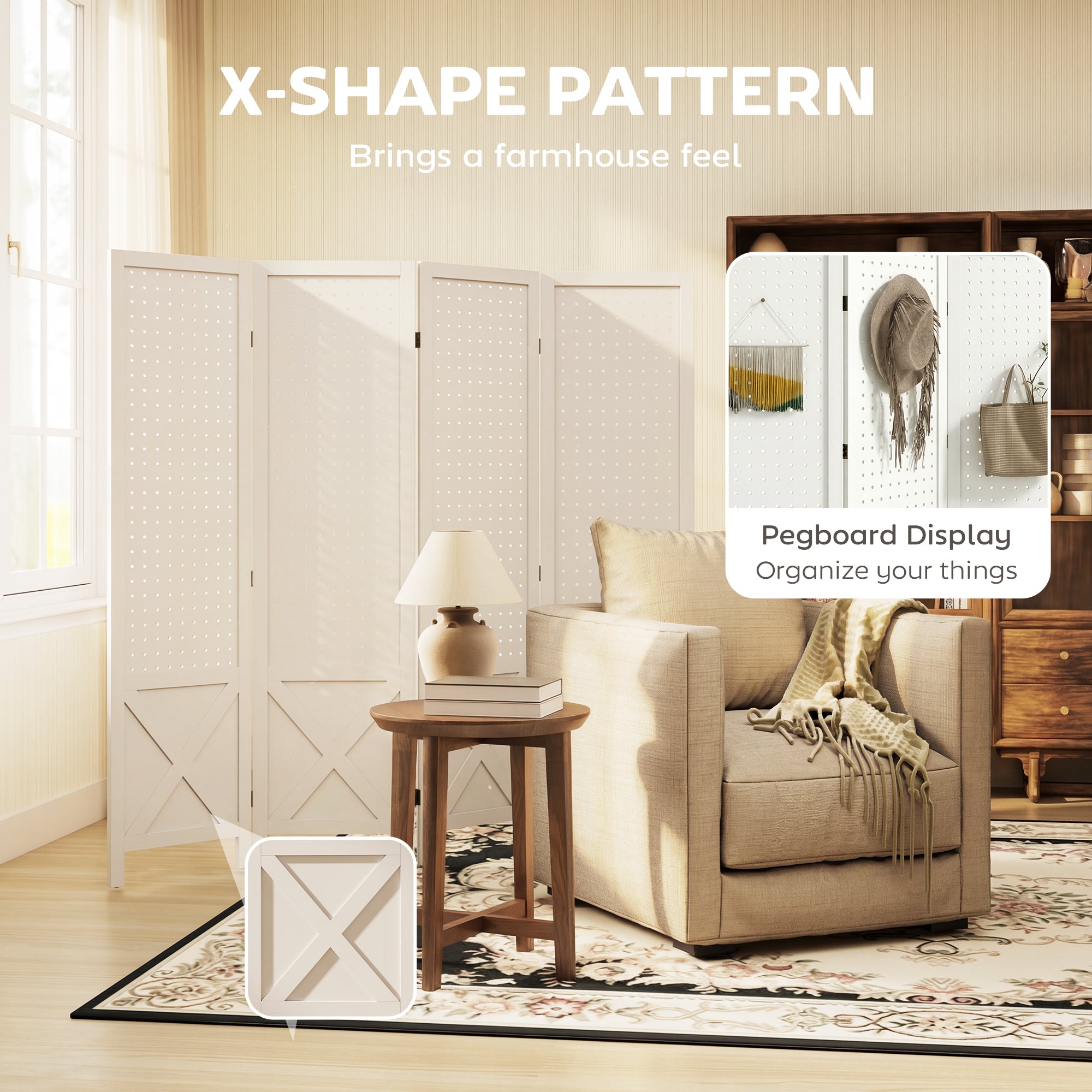 56.9" 4 Panel Wooden Room Divider with Pegboard Display, Folding Privacy Screen for Home Office, White