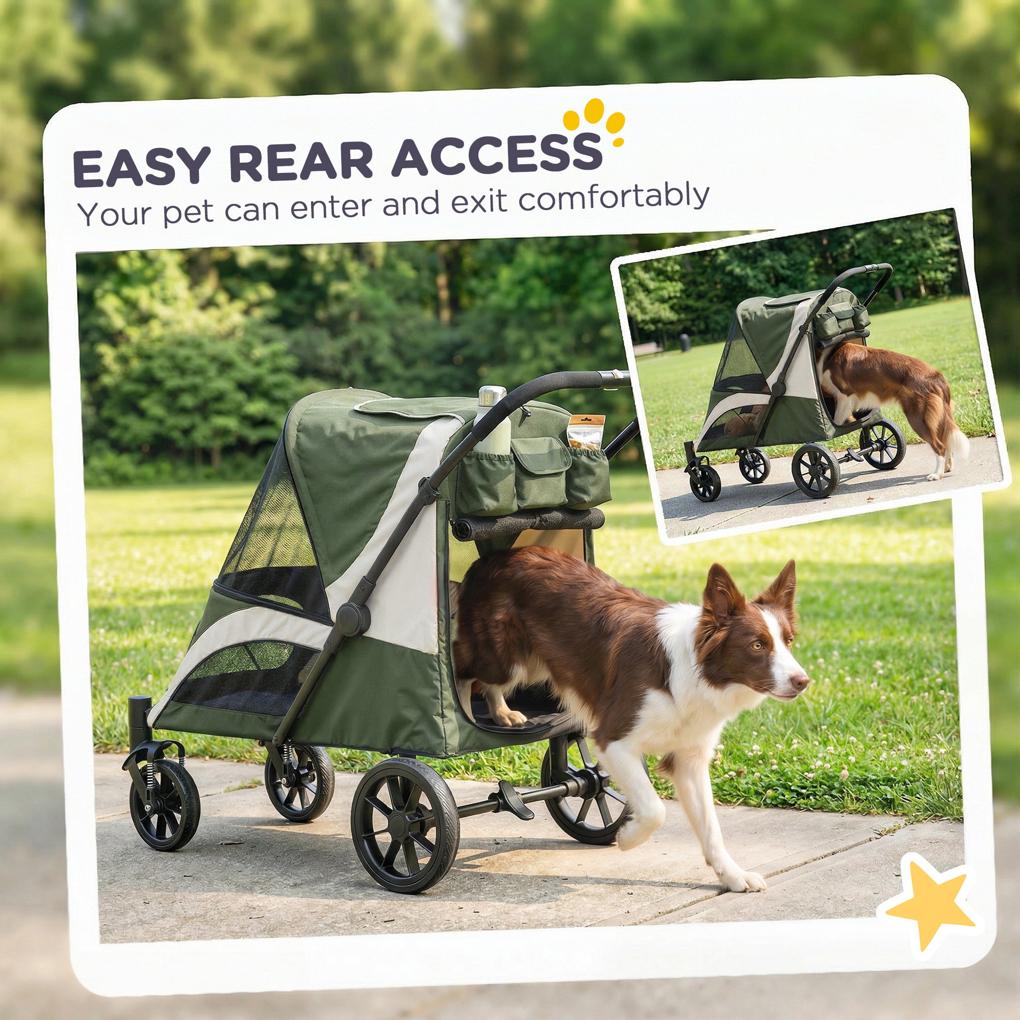 Foldable Pet Stroller for Medium Dogs with Four Big Wheels, Shock-Absorbing Frame, Safety Leashes, Brakes, Dark Green