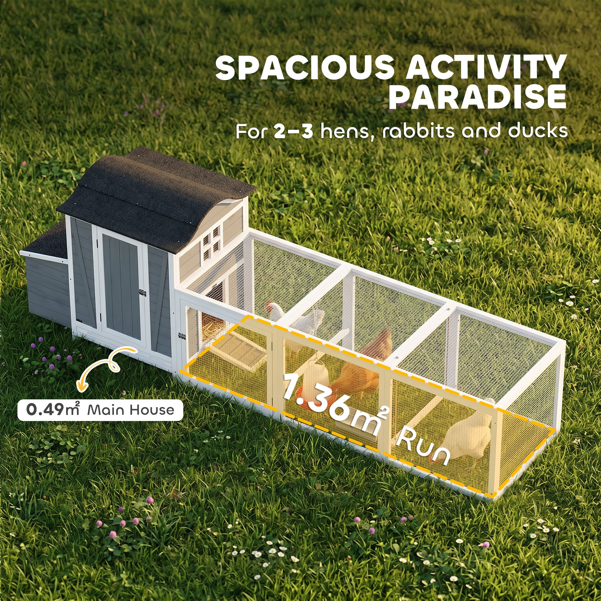 118"L Chicken Coop, Large Wooden Hen House with Run, Pull-Out Tray, Waterproof Roof, Nesting Box, Swing, Roosting Bars