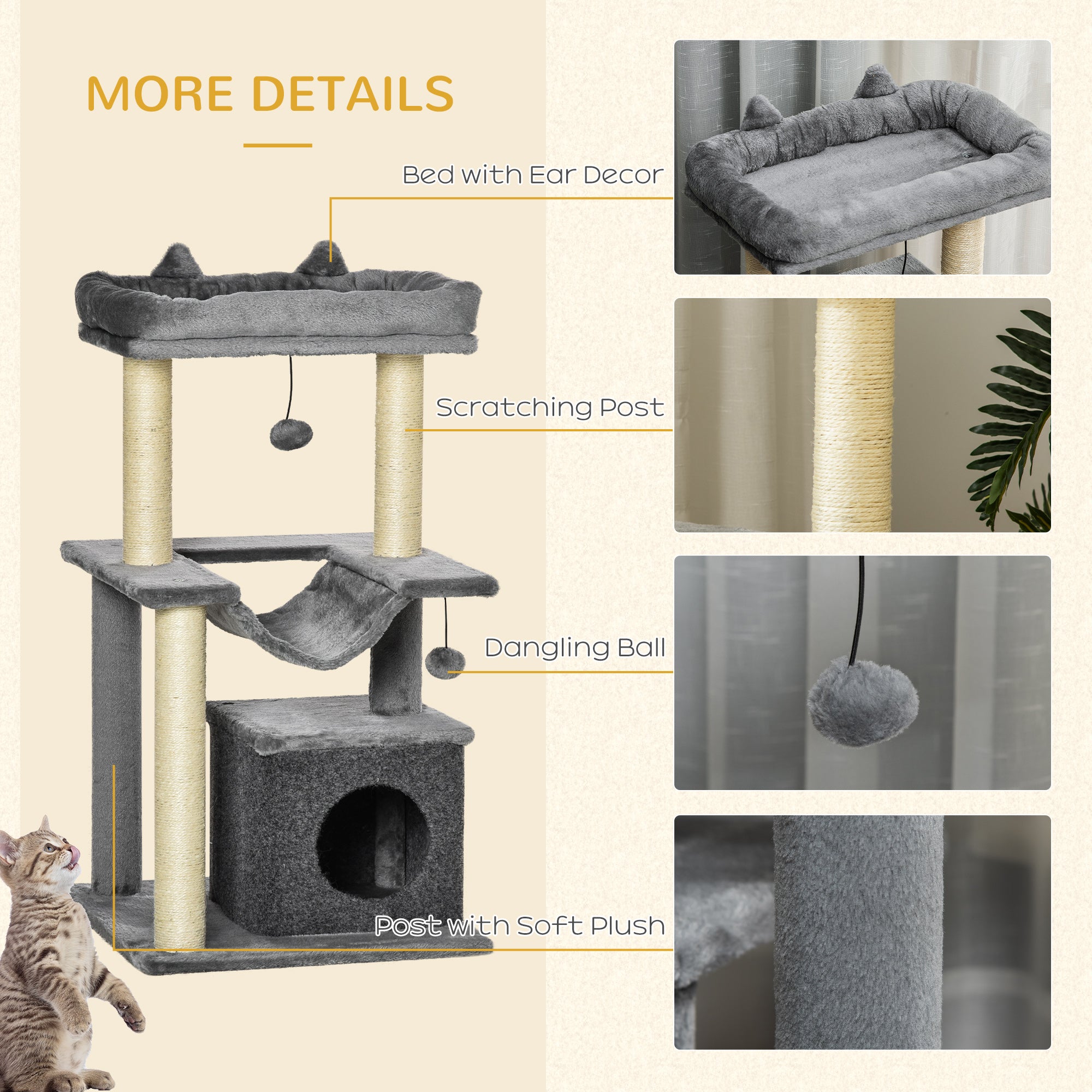 39.25'' Cat Tree Tower Multi-Level Kitten House with Scratching Post Condo Hammock Bed Ball Toy - Grey