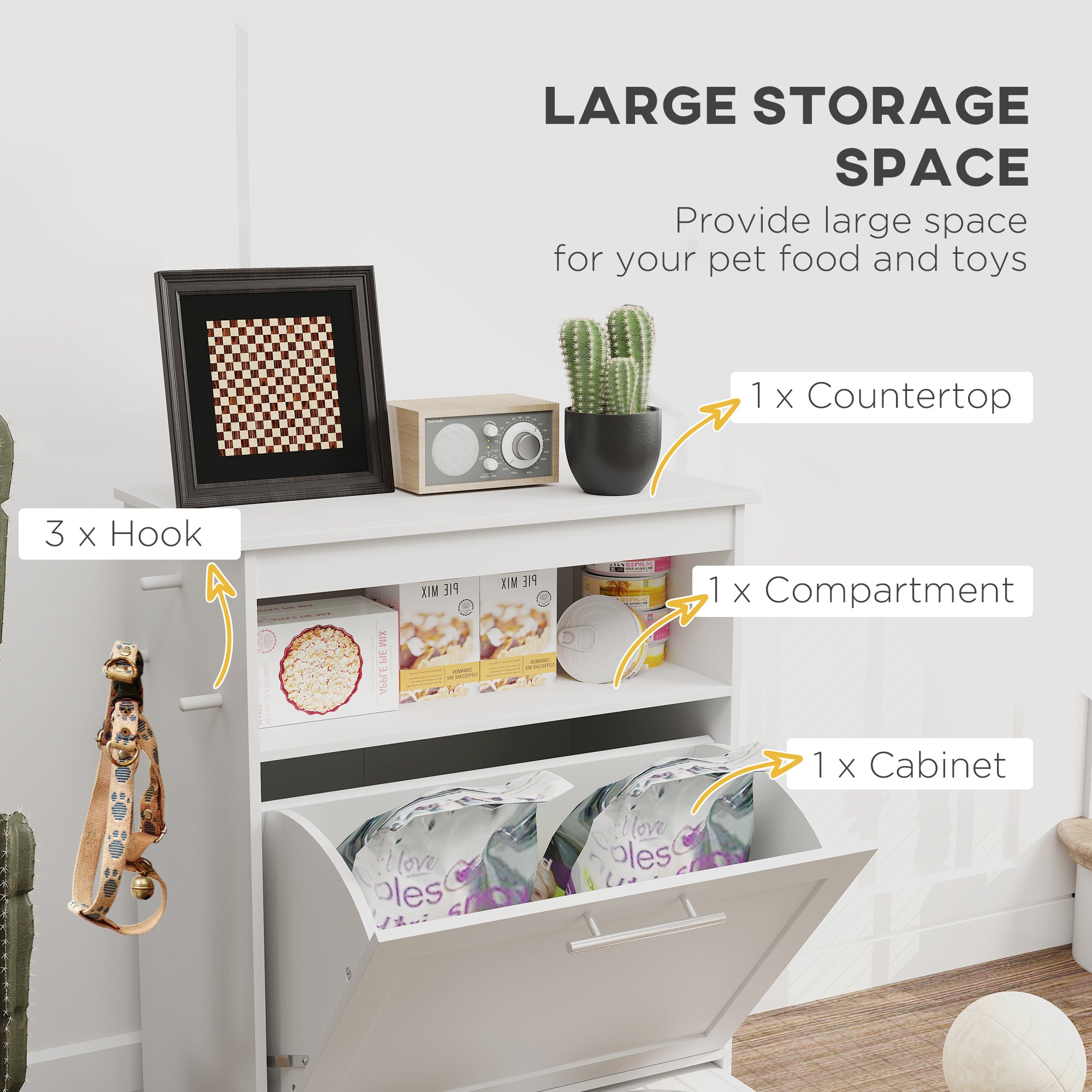 Meuble de rangement pour station d’alimentation des animaux, conteneur de stockage pour nourriture pour chien avec gamelles surélevées pour chien, accessoires d’abreuvement, gris