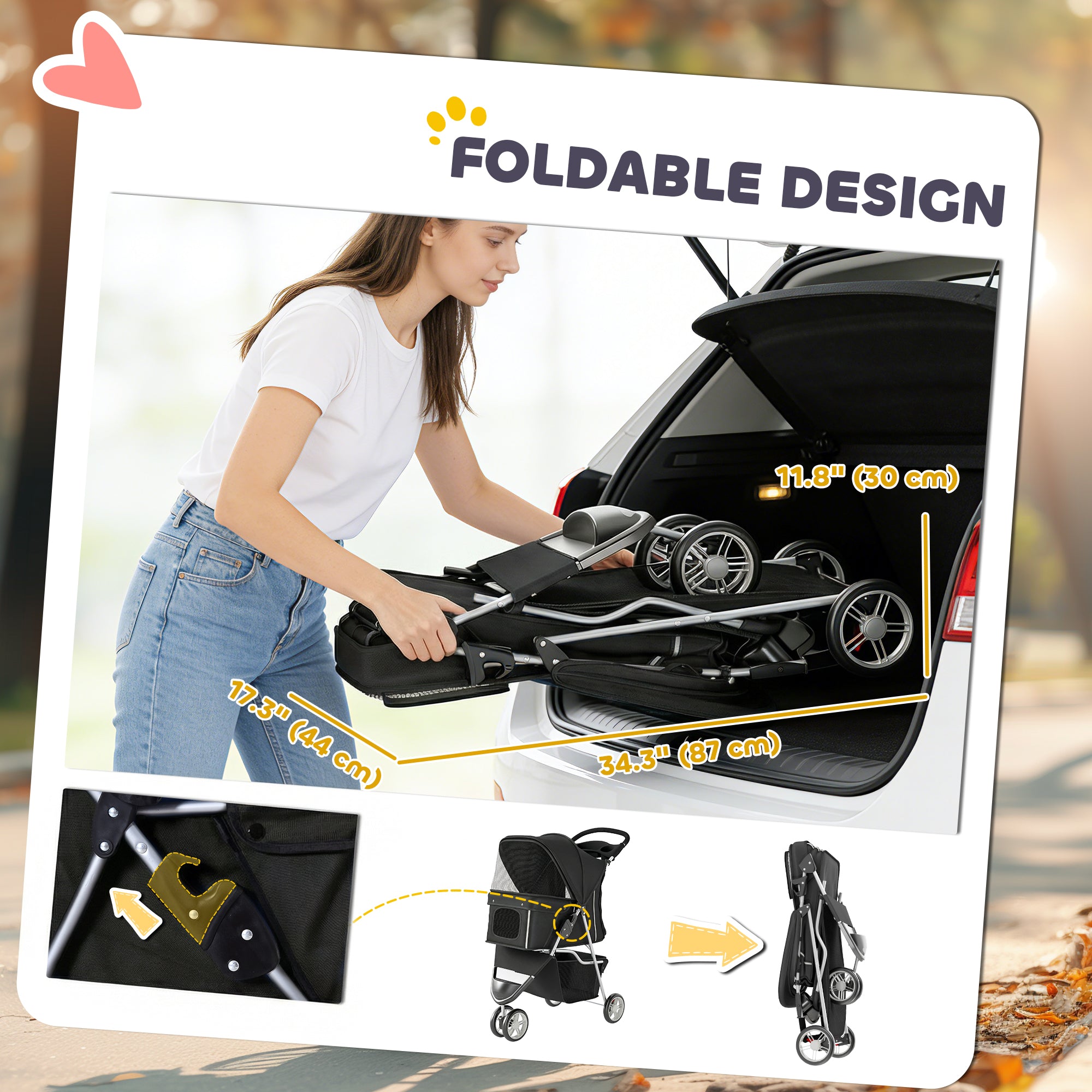 3 Wheels Foldable Dog Stroller with Storage Basket, Adjustable Canopy, Cupholder for Miniature and Small Dogs, Black