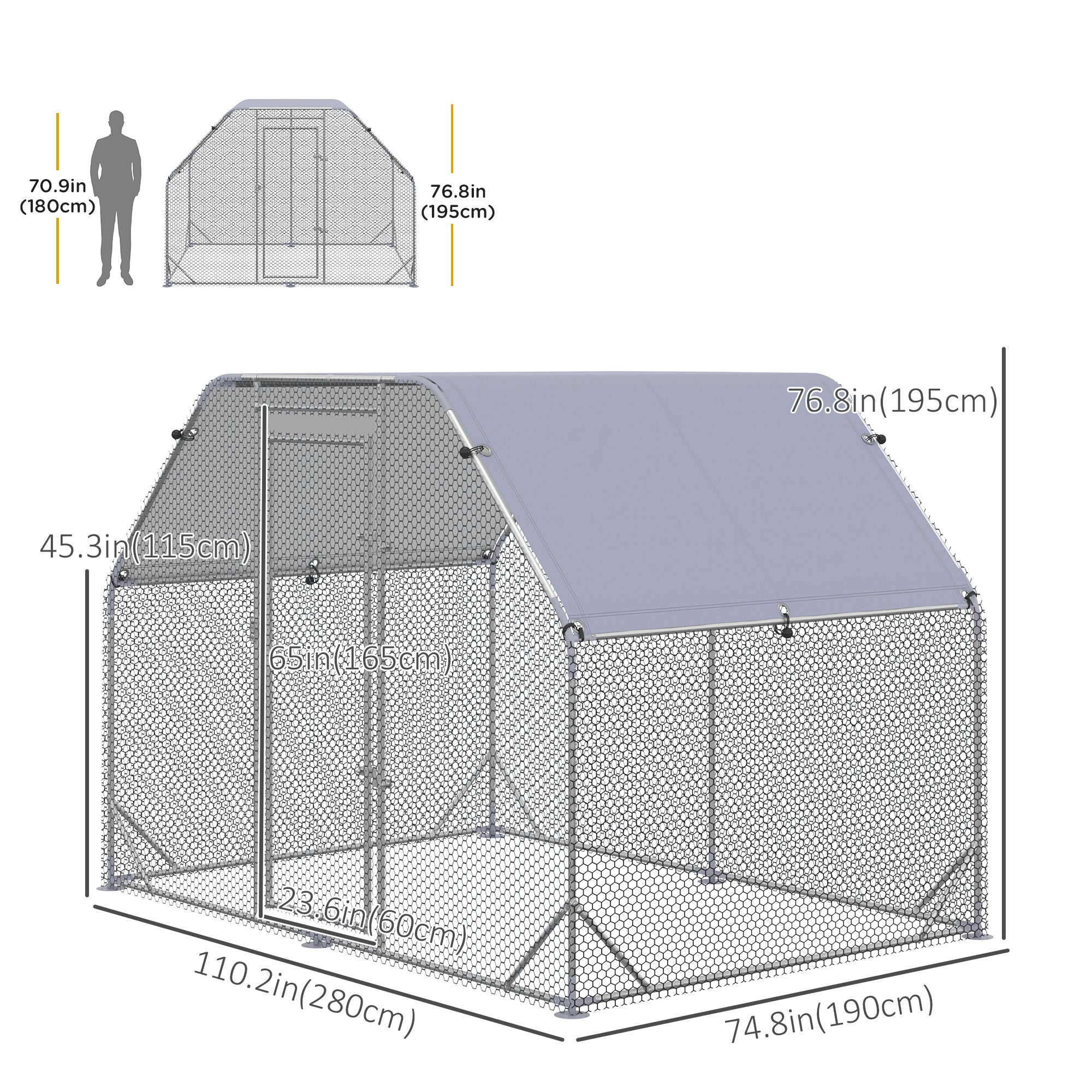 Chicken Run Outdoor, Galvanized Large Metal Chicken Coop Cage, Walk-in Enclosure Poultry Hen Run House Playpen Rabbit Hutch with Flat Roof, Cover, 9.2'x6.2'x6.5', Silver