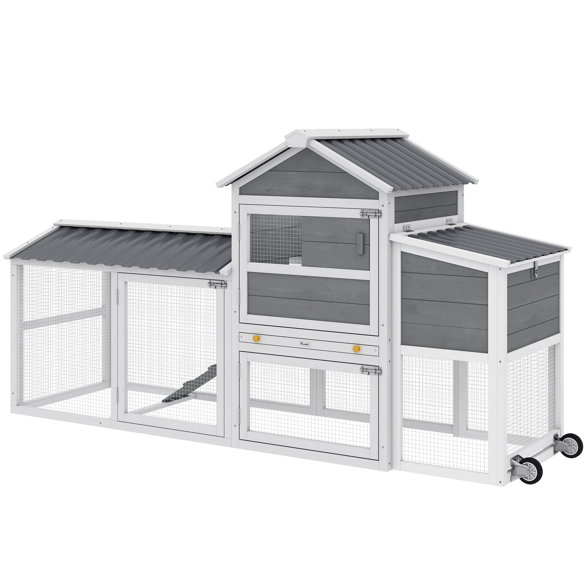 Poulailler mobile avec roues, 80" L, avec parcours, poulailler extérieur en bois avec pondoir, plateau et rampe